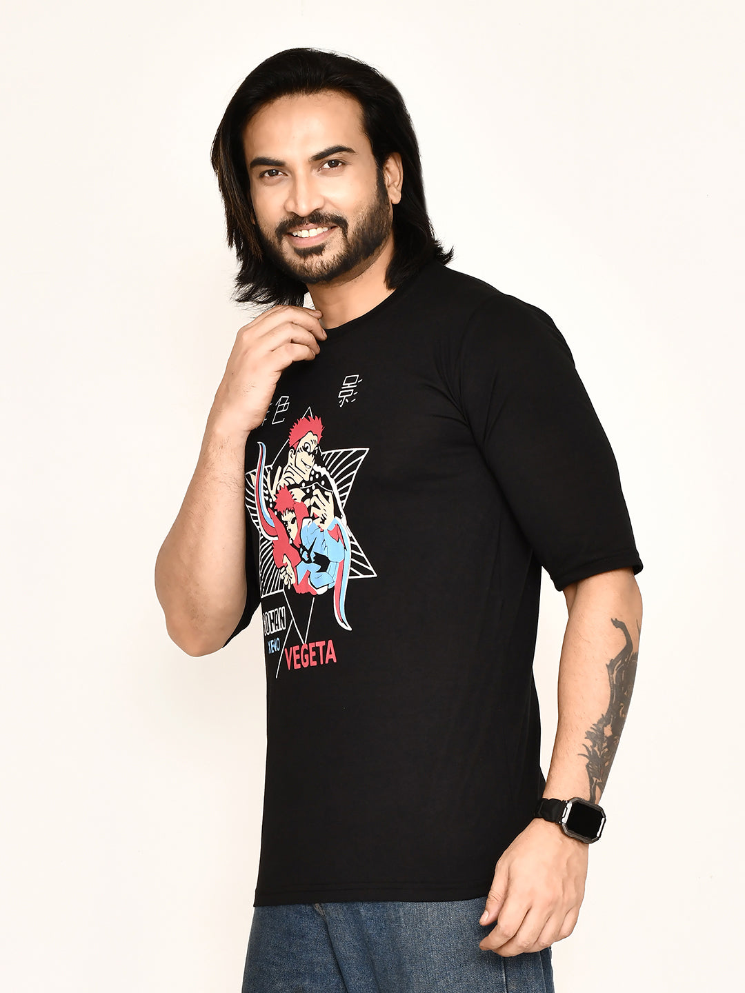 RAPL BHARAT Men's Casual Regular Fit Printed Round Neck Cotton Fabric T-shirt with Half Sleeve I Comfortable and Breathable Western Outfit | Color-Black & Pink