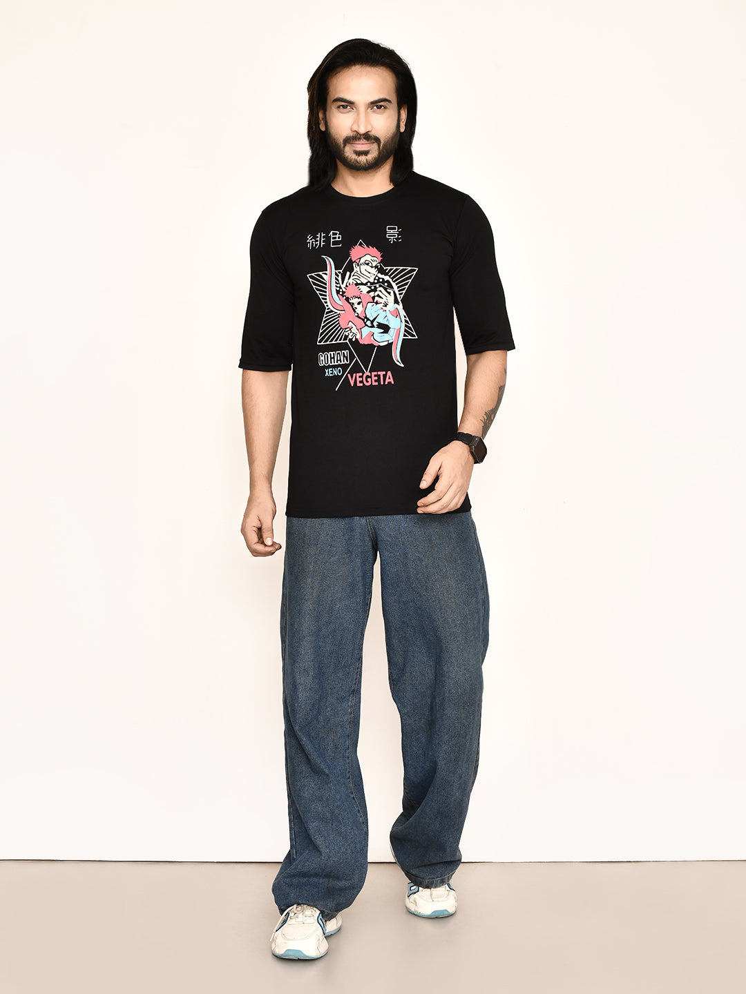 RAPL BHARAT Men's Casual Regular Fit Printed Round Neck Cotton Fabric T-shirt with Half Sleeve I Comfortable and Breathable Western Outfit | Color-Black & Pink