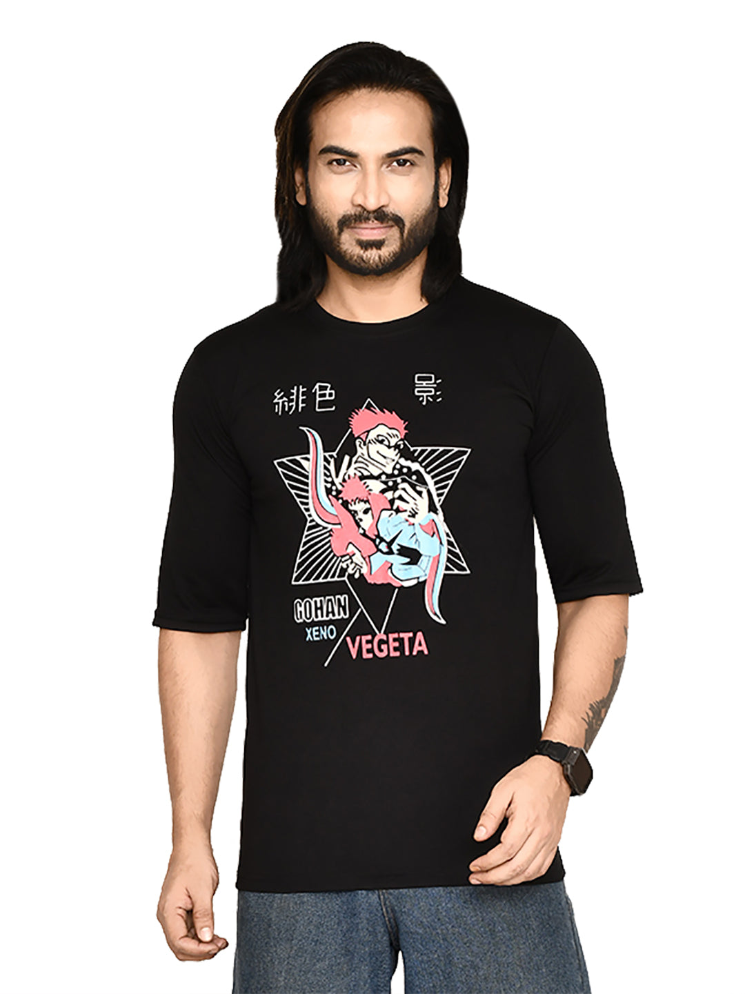 RAPL BHARAT Men's Casual Regular Fit Printed Round Neck Cotton Fabric T-shirt with Half Sleeve I Comfortable and Breathable Western Outfit | Color-Black & Pink