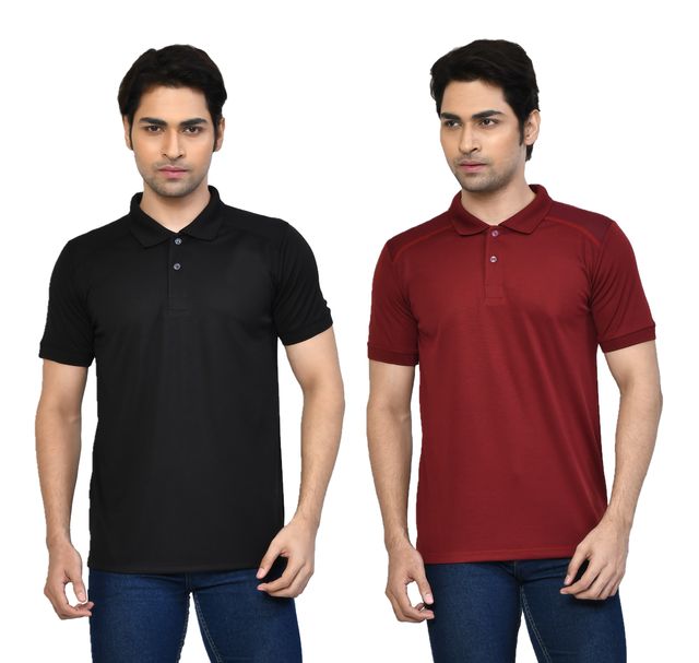 Men's Casual Regular Fit Solid Tshirts combo I Collared Neck I Half Sleeve Polo T-shirts - Black & Maroon