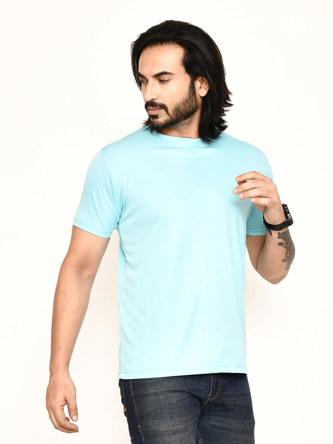 RAPL BHARAT Men's Casual Regular Fit Solid Pattern Round Neck Polyester T-shirt with Half Sleeve I Comfortable and Breathable Western Outfit (Color - Powder Blue)