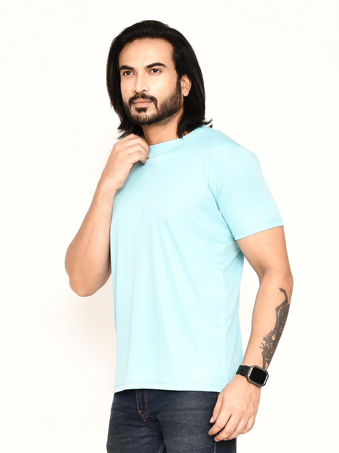 RAPL BHARAT Men's Casual Regular Fit Solid Pattern Round Neck Polyester T-shirt with Half Sleeve I Comfortable and Breathable Western Outfit (Color - Powder Blue)