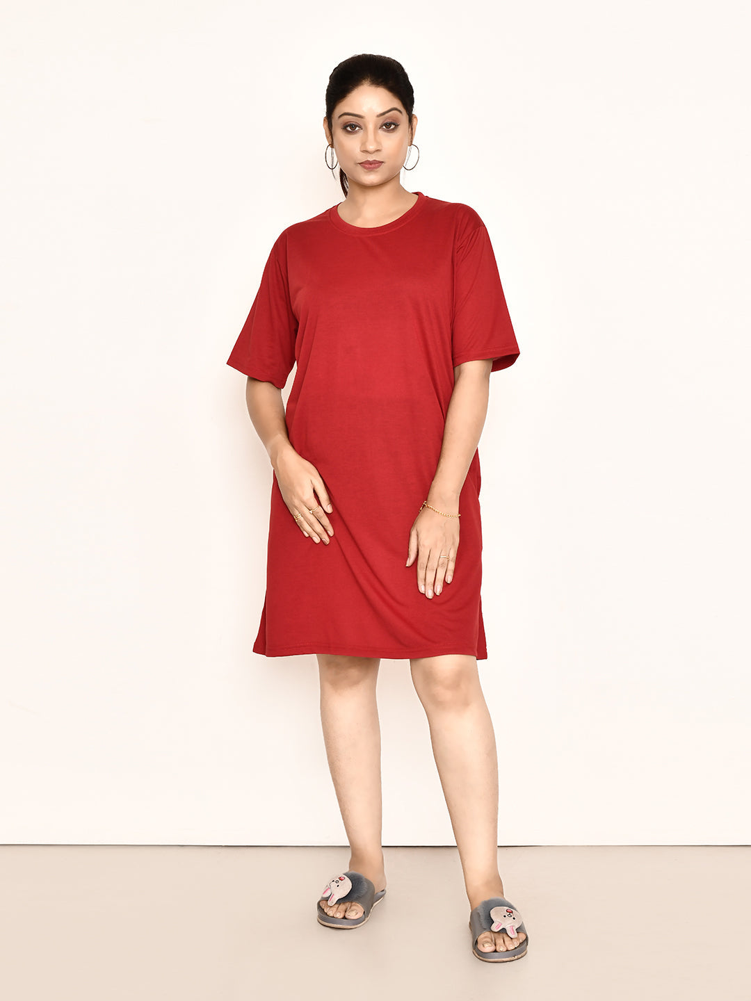 RAPL BHARAT Women's Casual Round Neck Cotton Top| Knee Length Solid Pattern T-shirt Dress with Short Sleeves I Perfect Summer-Friendly Dress (Color - Maroon )