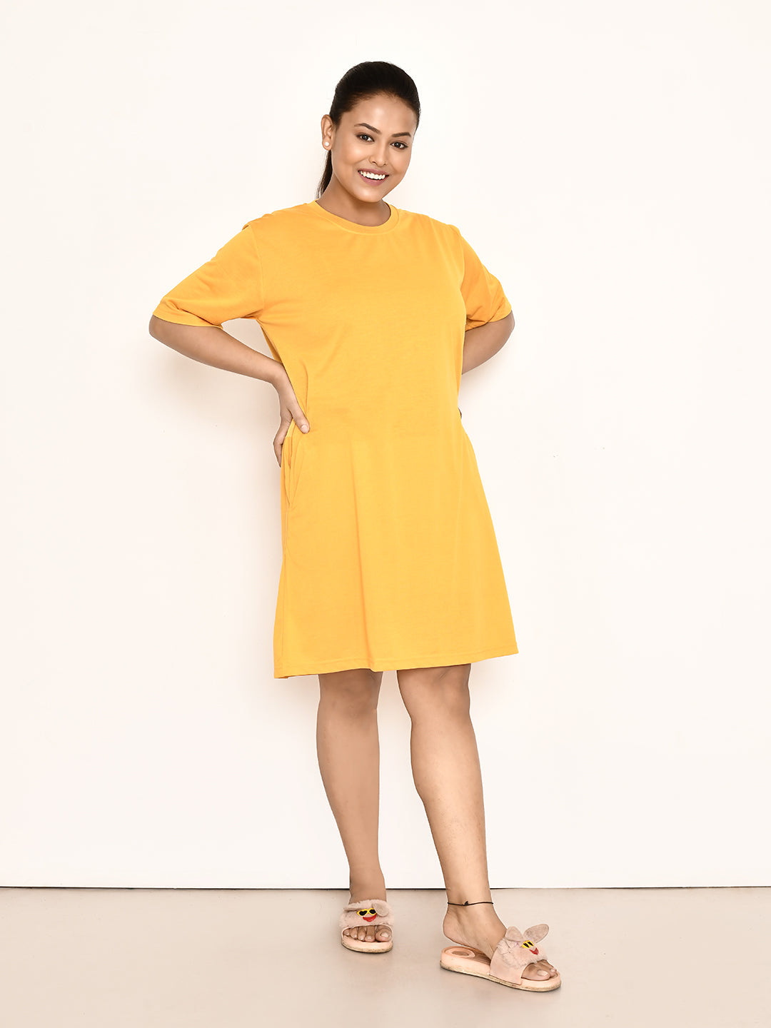 RAPL BHARAT Women's Casual Round Neck Cotton Top| Knee Length Solid Pattern T-shirt Dress with Short Sleeves I Perfect Summer-Friendly Dress (Color - Mustard )