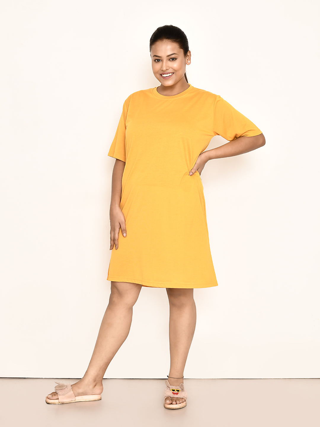 RAPL BHARAT Women's Casual Round Neck Cotton Top| Knee Length Solid Pattern T-shirt Dress with Short Sleeves I Perfect Summer-Friendly Dress (Color - Mustard )