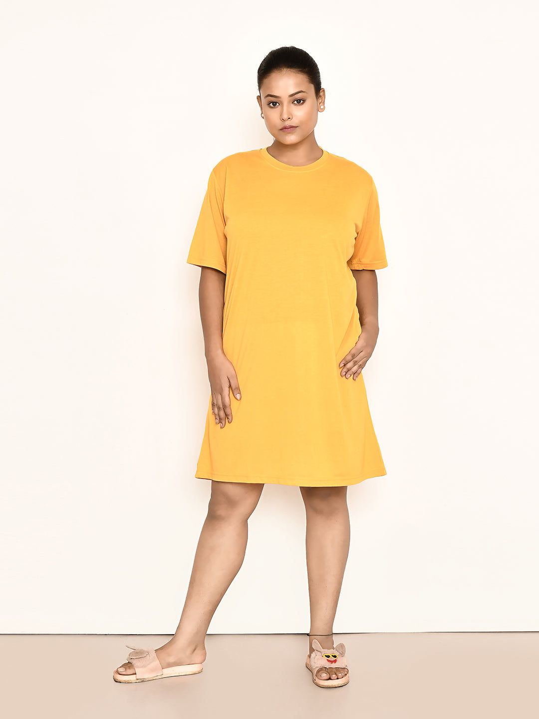 RAPL BHARAT Women's Casual Round Neck Cotton Top| Knee Length Solid Pattern T-shirt Dress with Short Sleeves I Perfect Summer-Friendly Dress (Color - Mustard )