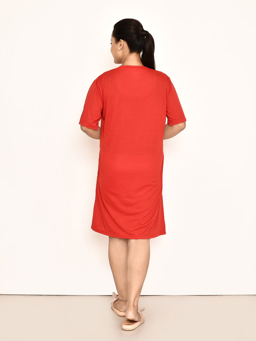 RAPL BHARAT Women's Casual Round Neck Cotton Top| Knee Length Solid Pattern T-shirt Dress with Short Sleeves I Perfect Summer-Friendly Dress (Color - Red )