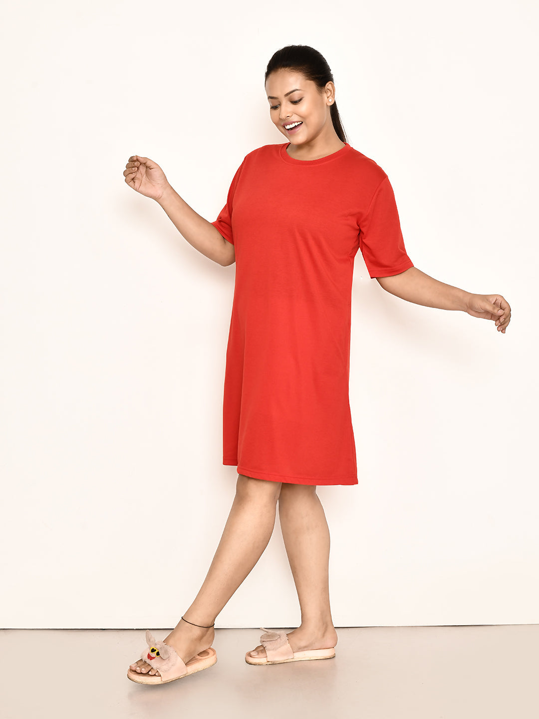 RAPL BHARAT Women's Casual Round Neck Cotton Top| Knee Length Solid Pattern T-shirt Dress with Short Sleeves I Perfect Summer-Friendly Dress (Color - Red )