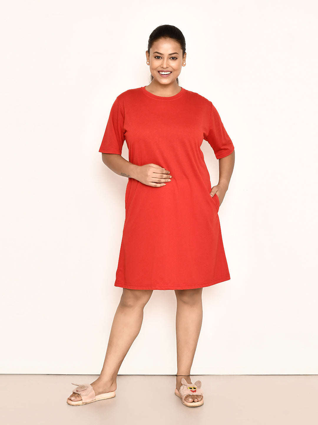 RAPL BHARAT Women's Casual Round Neck Cotton Top| Knee Length Solid Pattern T-shirt Dress with Short Sleeves I Perfect Summer-Friendly Dress (Color - Red )