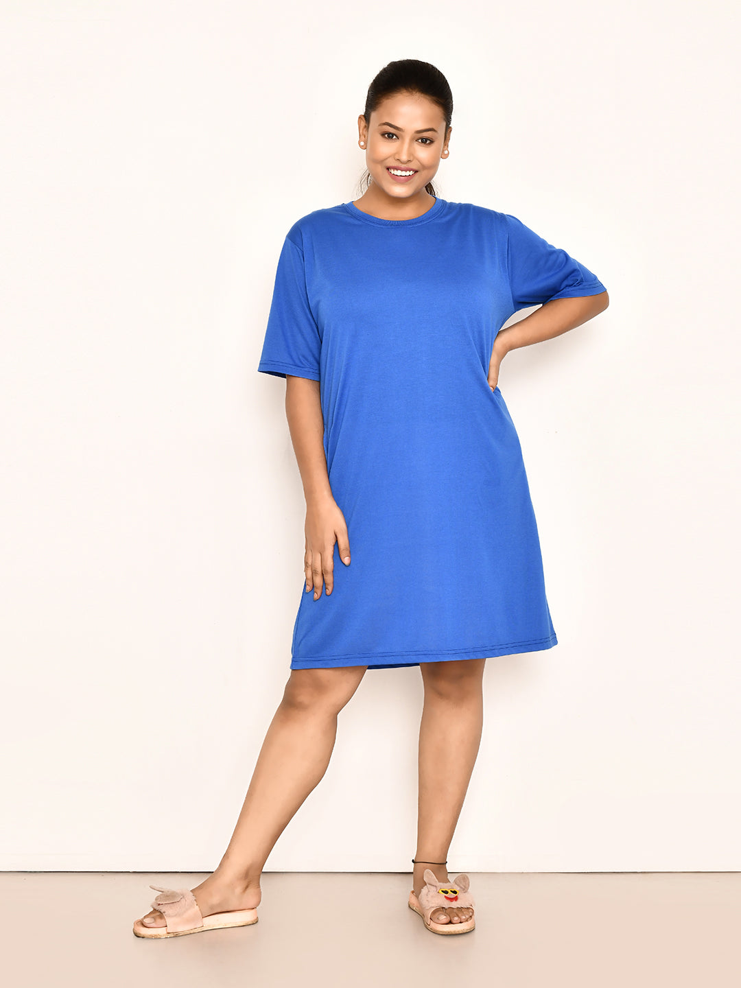 RAPL BHARAT Women's Casual Round Neck Cotton Top| Knee Length Solid Pattern T-shirt Dress with Short Sleeves I Perfect Summer-Friendly Dress (Color - Royal Blue )