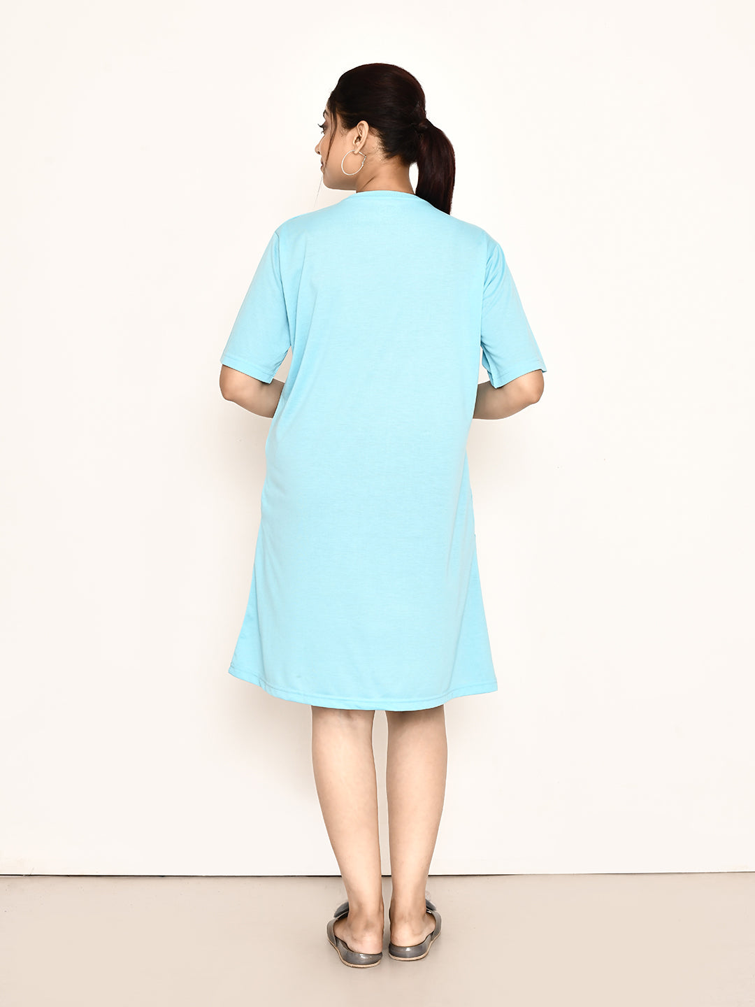 RAPL BHARAT Women's Casual Round Neck Cotton Top| Knee Length Solid Pattern T-shirt Dress with Short Sleeves I Perfect Summer-Friendly Dress (Color - Sky Blue )