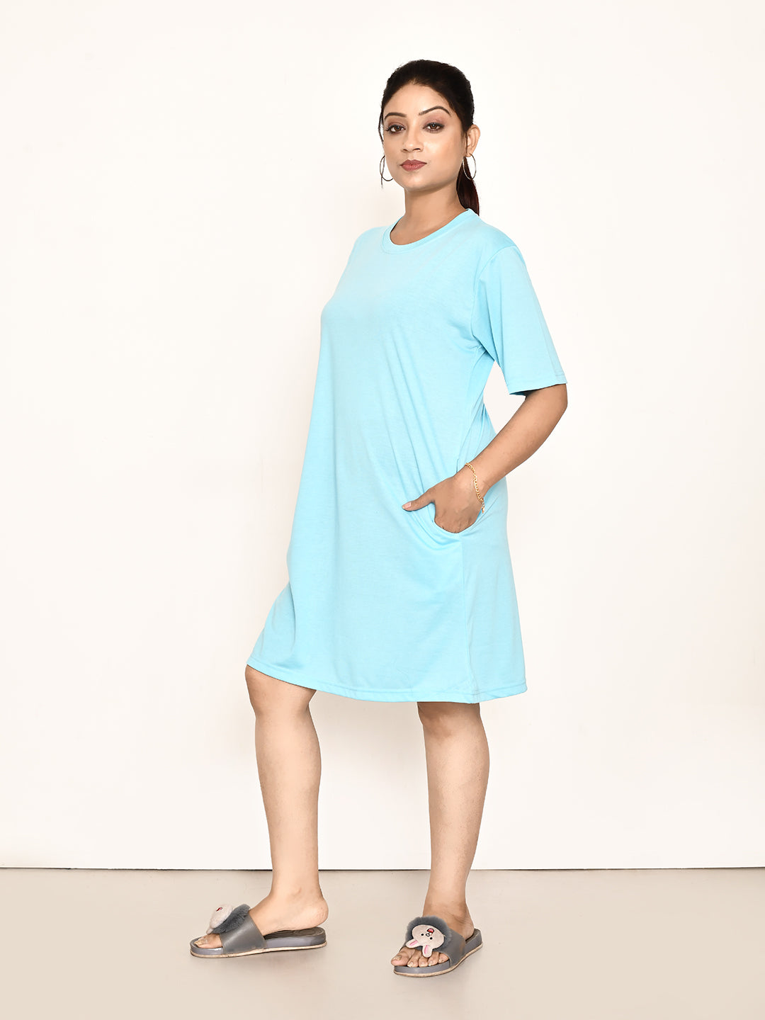 RAPL BHARAT Women's Casual Round Neck Cotton Top| Knee Length Solid Pattern T-shirt Dress with Short Sleeves I Perfect Summer-Friendly Dress (Color - Sky Blue )