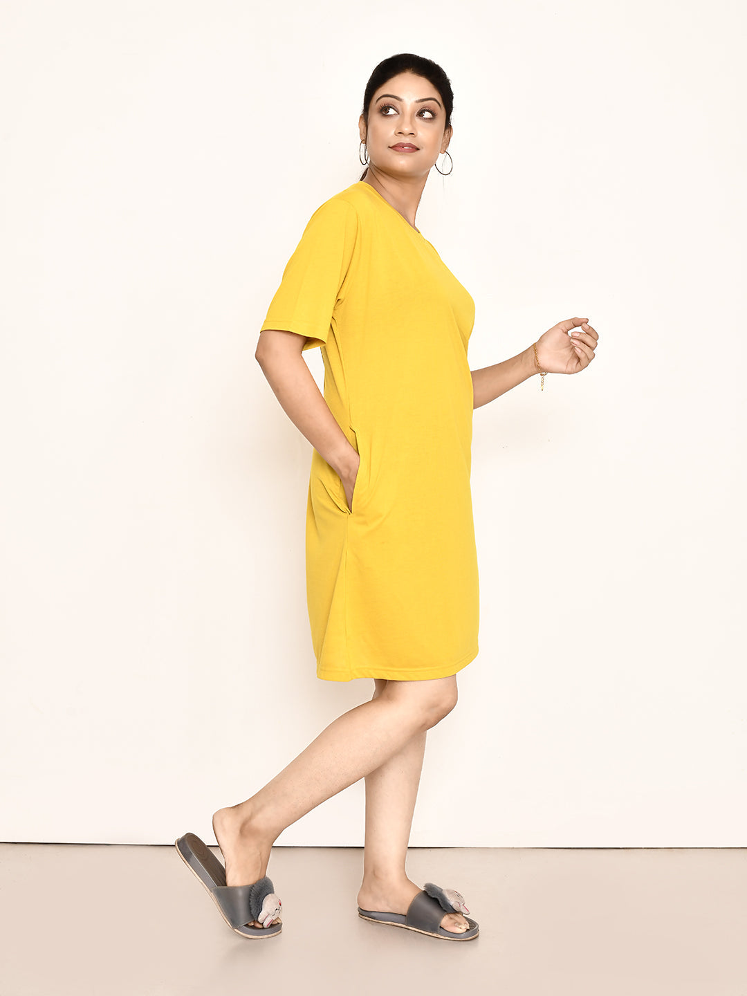 RAPL BHARAT Women's Casual Round Neck Cotton Top| Knee Length Solid Pattern T-shirt Dress with Short Sleeves I Perfect Summer-Friendly Dress (Color - Light Yellow )