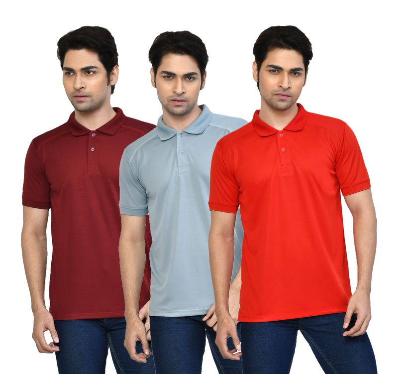 Men's Casual Regular Fit Solid Tshirts combo I Collared Neck I Half Sleeve Polo T-shirts - Maroon, Light Grey & Berry Red