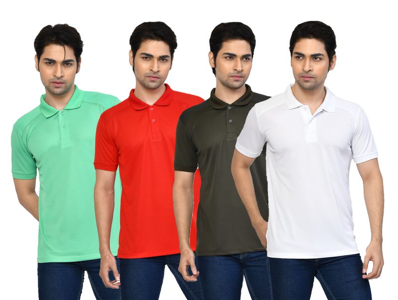 Men's Casual Regular Fit Solid Tshirts combo I Collared Neck I Half Sleeve Polo T-shirts - Light Green, Algae green, Berry Red & White