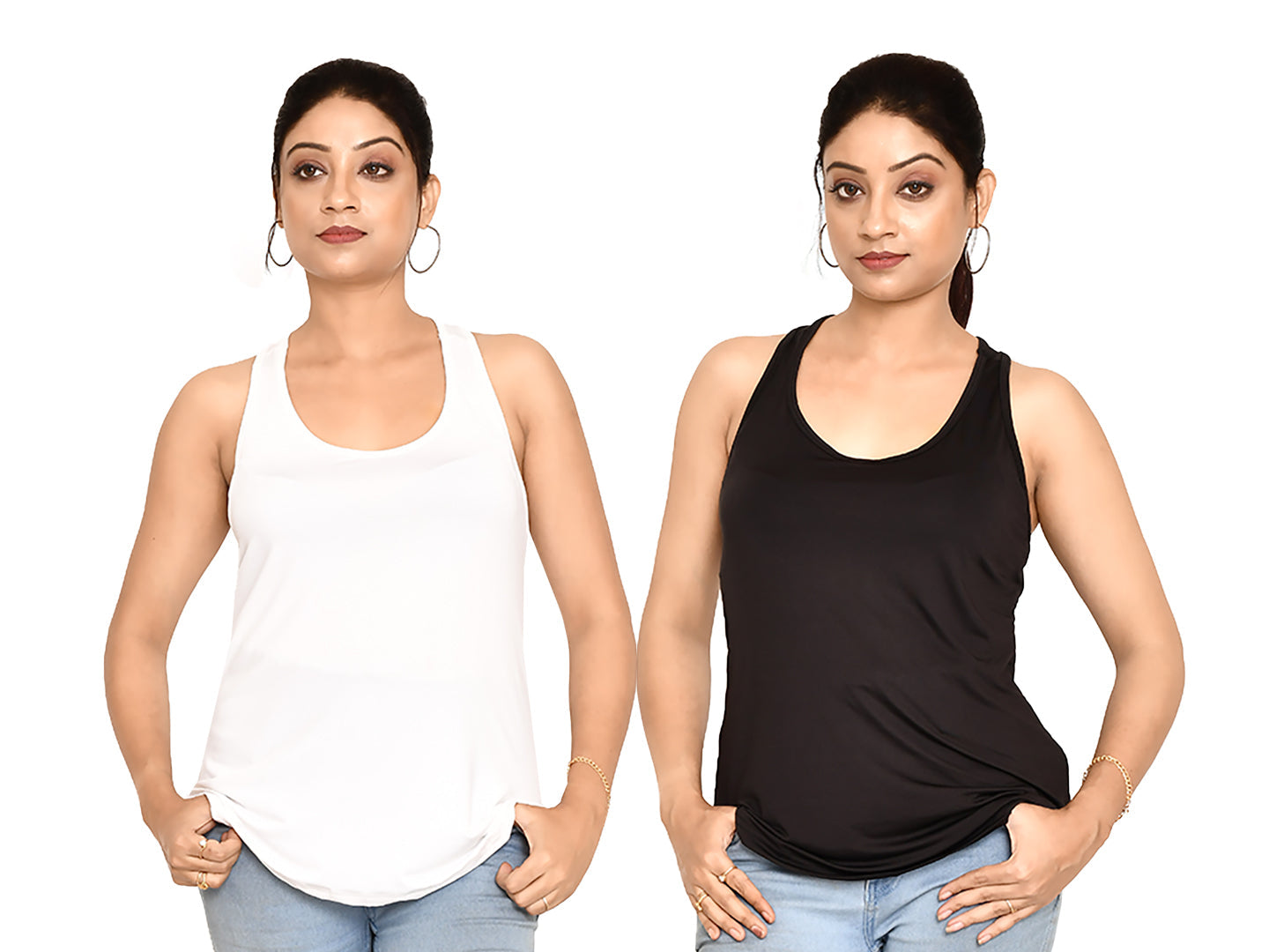 Rapl Bharat Women's Casual Regular Fit Solid Pattern Round Neck Lycra Tank Top Combo I Super Soft Comfy Stretchable Lycra Gymwear Tank Top (Color-White & Black)
