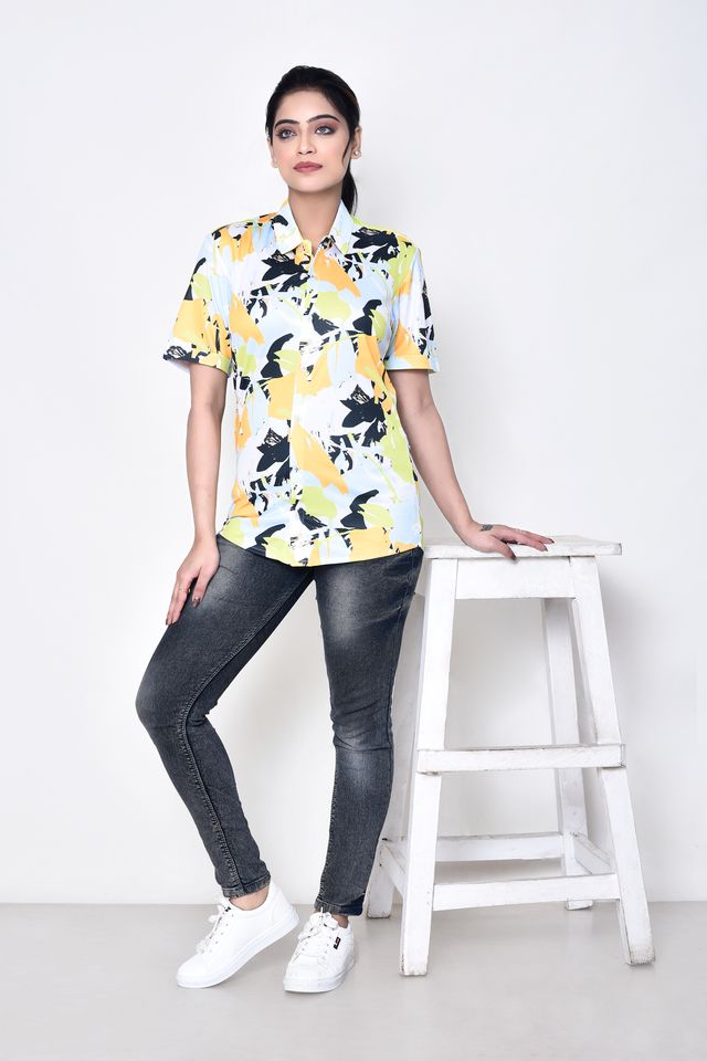 Women's Regular Fit Casual Printed Pure Microfilament Shirt with Collared Neck & Half Sleeve