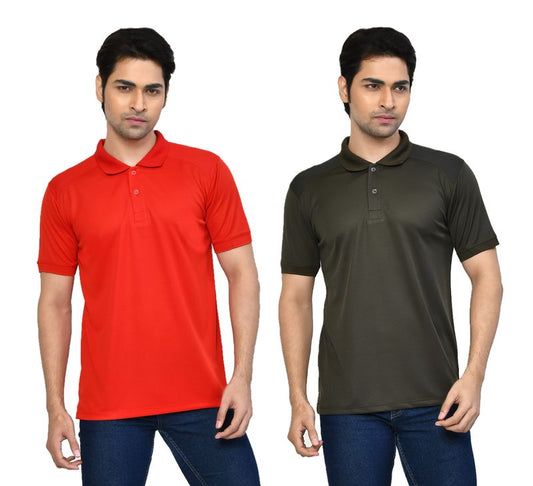 Men's Casual Regular Fit Solid Tshirts combo I Collared Neck I Half Sleeve Polo T-shirts  - Berry Red & Algae green