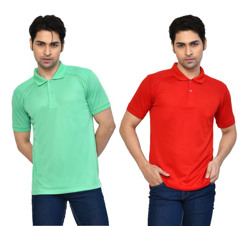 Men's Casual Regular Fit Solid Tshirts combo I Collared Neck I Half Sleeve Polo T-shirts  - Light Green & Berry Red