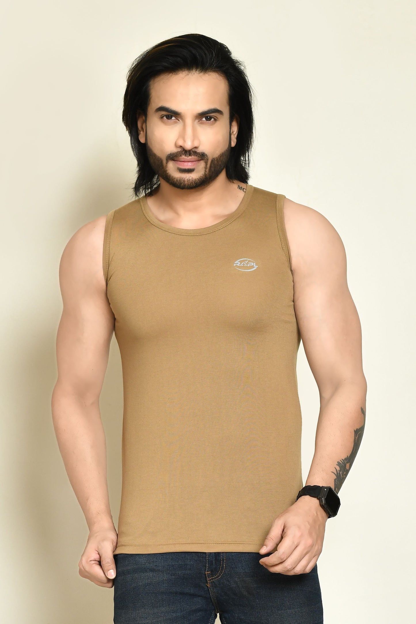 RAPL BHARAT Men's Casual Regular Fit Round Neck Solid Cotton Sleeveless Tank Tops Gym Vest I Perfect for Gymwear & Sports - Khaki & Black