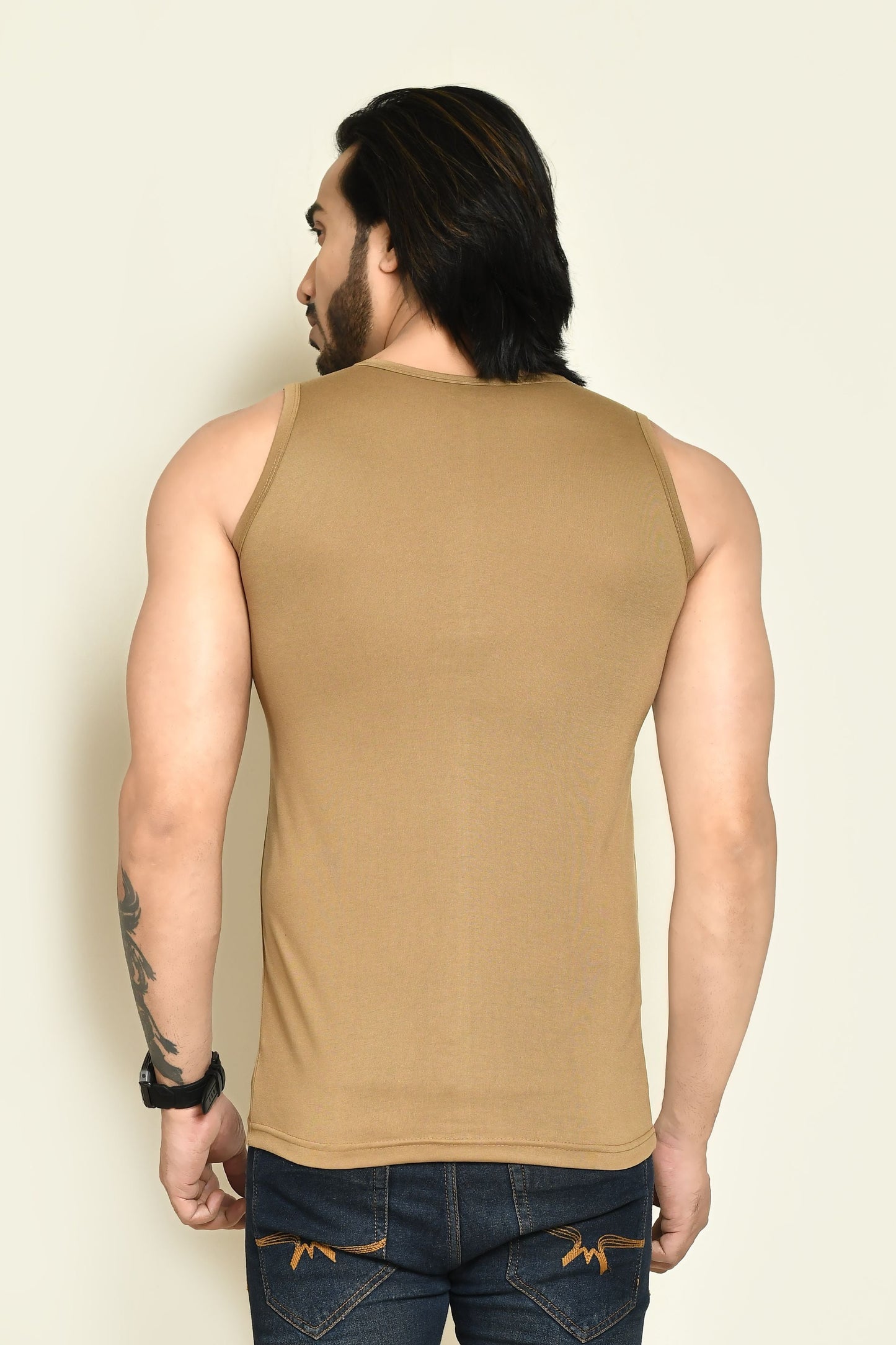 RAPL BHARAT Men's Casual Regular Fit Round Neck Solid Cotton Sleeveless Tank Tops Gym Vest I Perfect for Gymwear & Sports - Khaki & Sky Blue