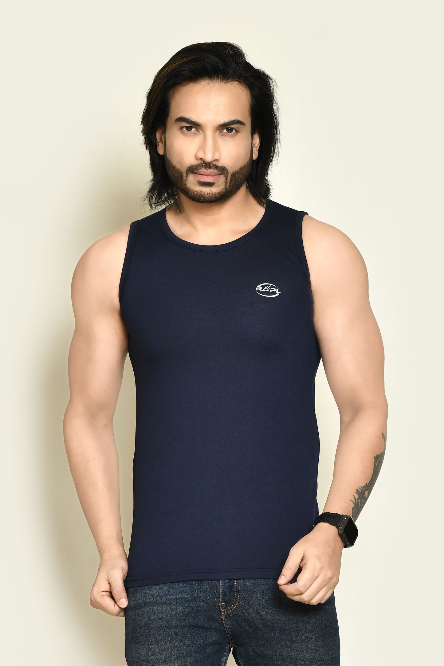 RAPL BHARAT Men's Casual Regular Fit Round Neck Solid Cotton Sleeveless Tank Tops Gym Vest I Perfect for Gymwear & Sports - Black, Turquoise & Navy Blue