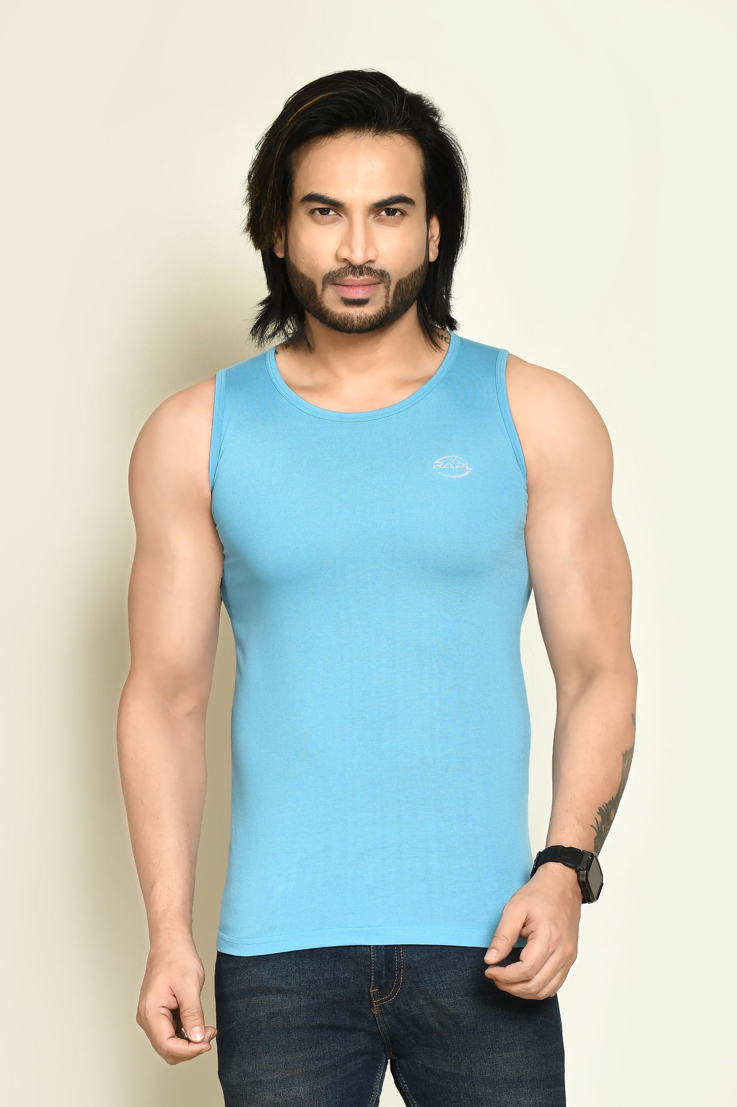 RAPL BHARAT Men's Casual Regular Fit Round Neck Solid Cotton Sleeveless Tank Tops Gym Vest I Perfect for Gymwear & Sports - Sky Blue & Dark Green