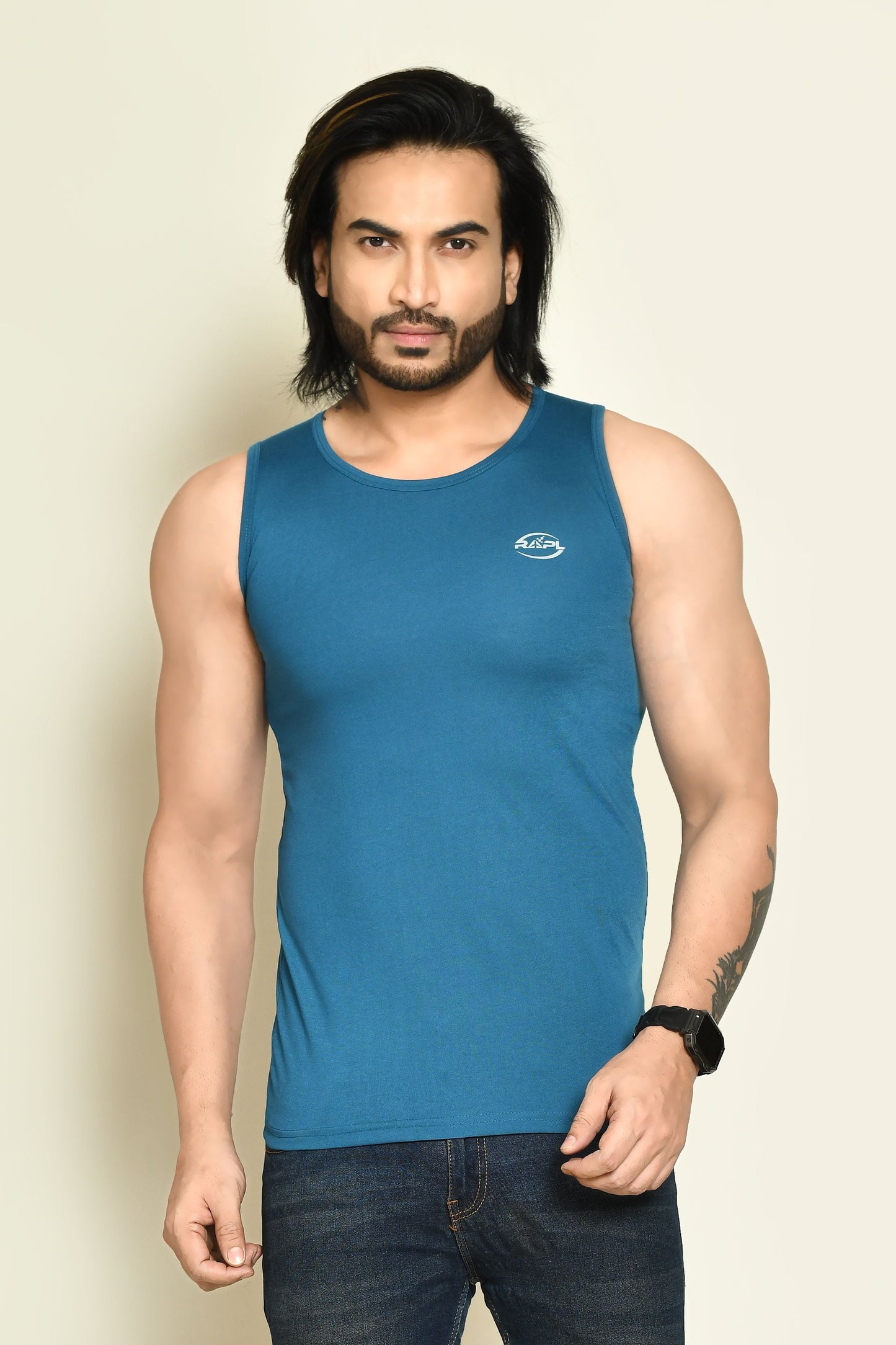 RAPL BHARAT Men's Casual Regular Fit Round Neck Solid Cotton Sleeveless Tank Tops Gym Vest I Perfect for Gymwear & Sports - Olive Green & Turquoise