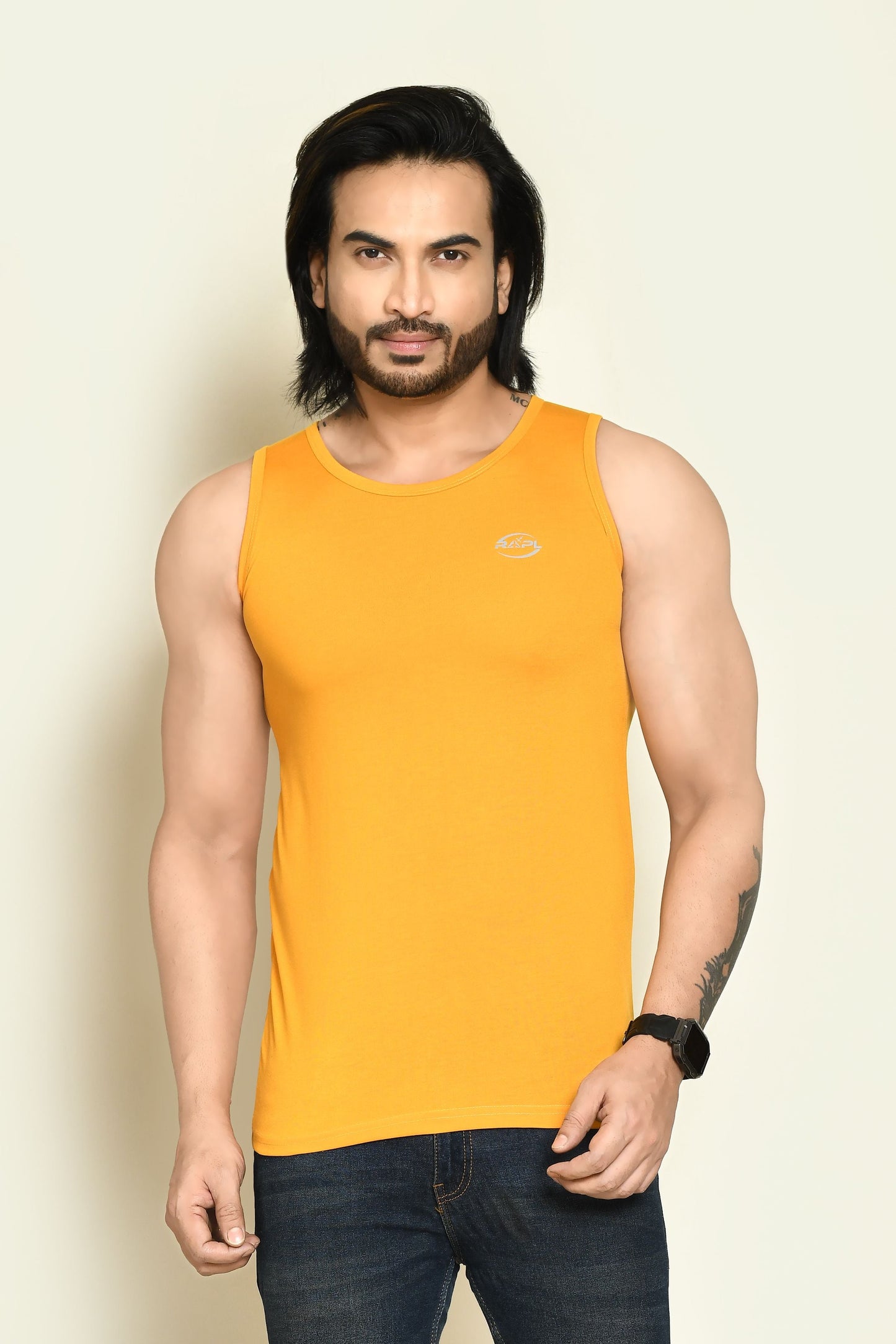 RAPL BHARAT Men's Casual Regular Fit Round Neck Solid Cotton Sleeveless Tank Tops Gym Vest I Perfect for Gymwear & Sports - Yellow & Mauve