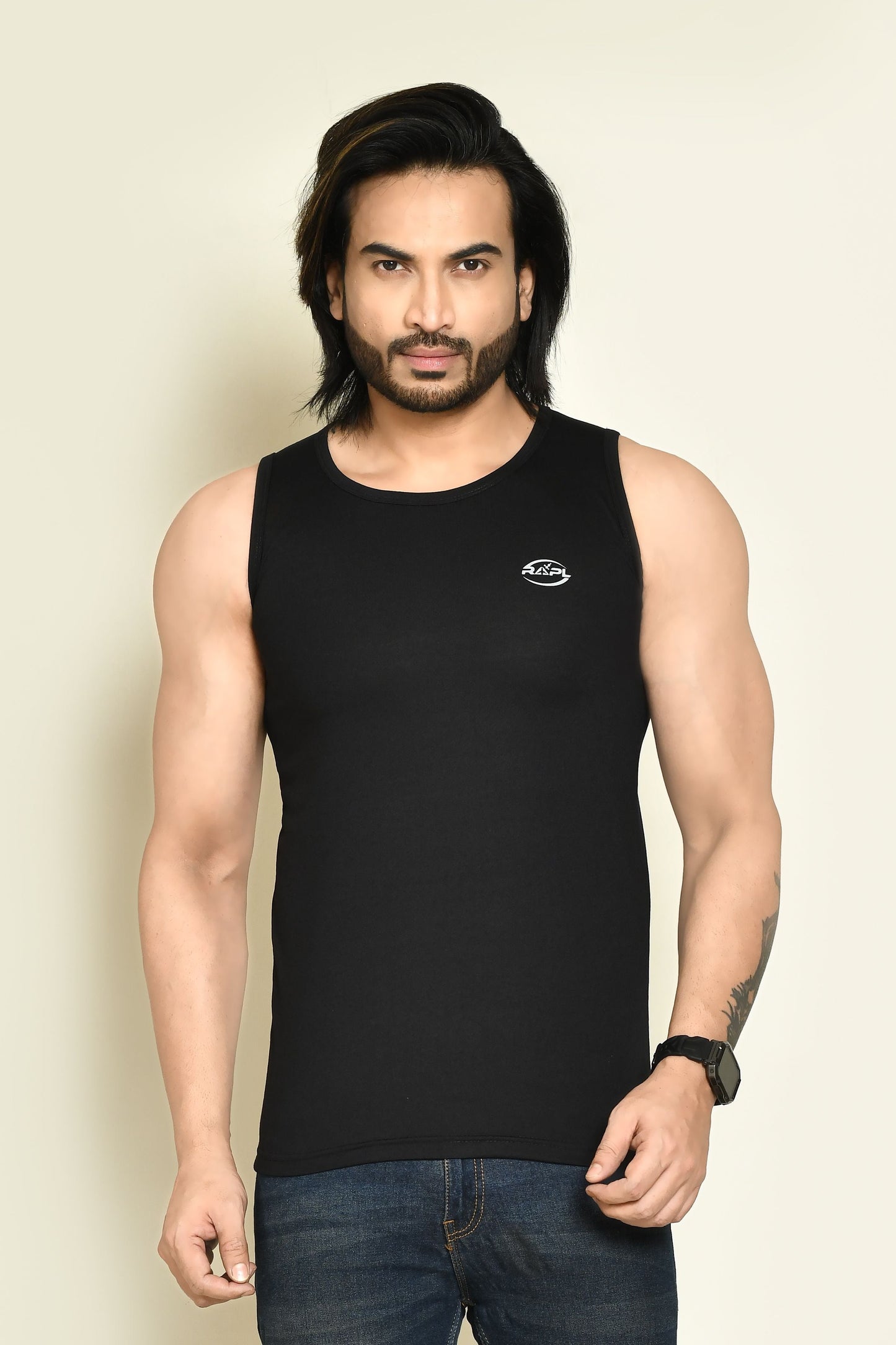 RAPL BHARAT Men's Casual Regular Fit Round Neck Solid Cotton Sleeveless Tank Tops Gym Vest I Perfect for Gymwear & Sports - Black & Dark Green