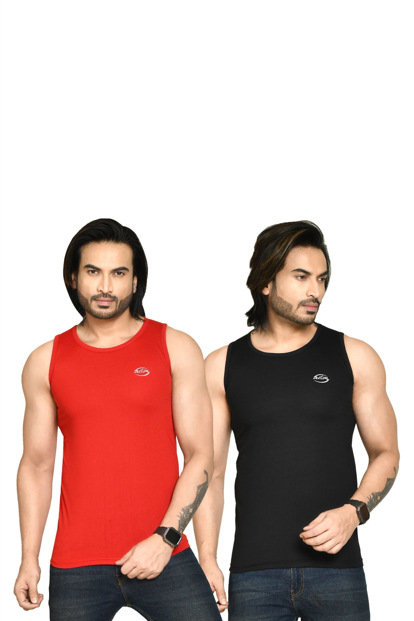 RAPL BHARAT Men's Casual Regular Fit Round Neck Solid Cotton Sleeveless Tank Tops Gym Vest I Perfect for Gymwear & Sports - Red & Black