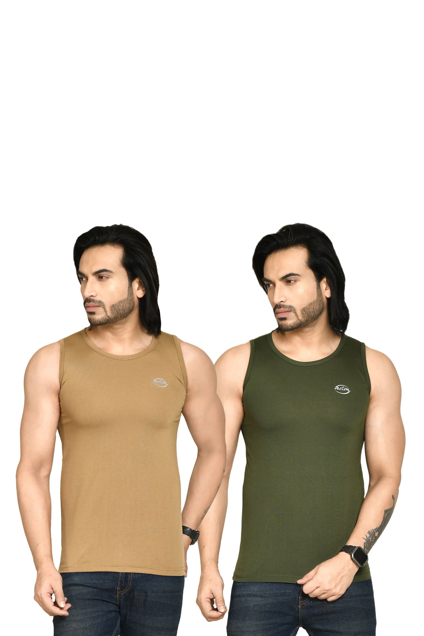 RAPL BHARAT Men's Casual Regular Fit Round Neck Solid Cotton Sleeveless Tank Tops Gym Vest I Perfect for Gymwear & Sports - Khaki & Dark Green