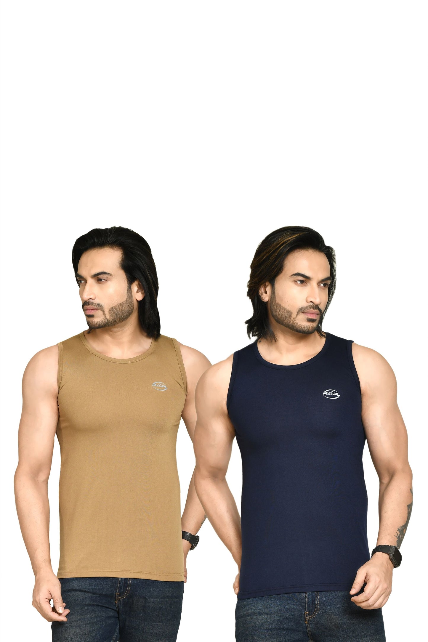 RAPL BHARAT Men's Casual Regular Fit Round Neck Solid Cotton Sleeveless Tank Tops Gym Vest I Perfect for Gymwear & Sports - Khaki & Navy Blue