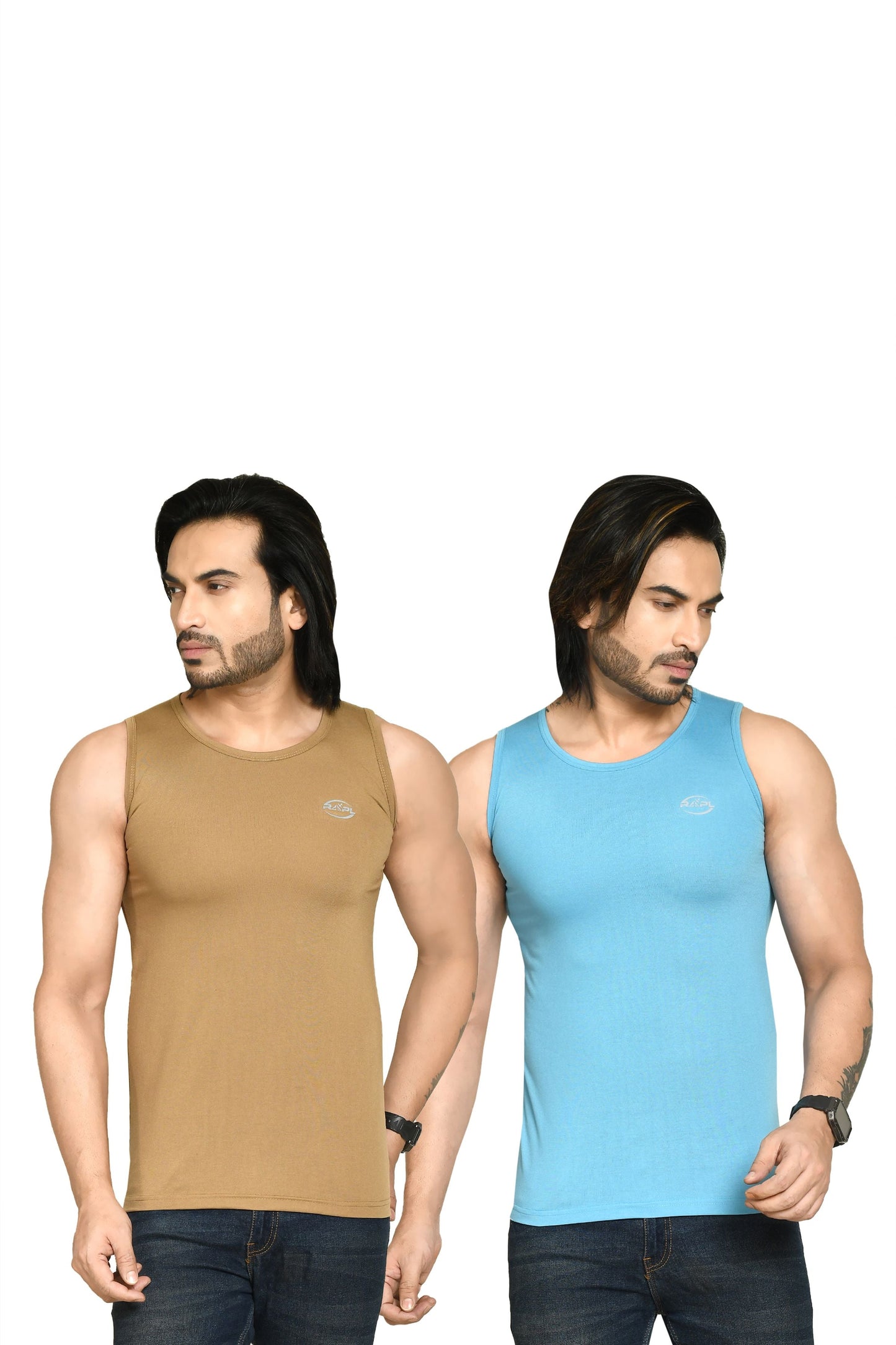 RAPL BHARAT Men's Casual Regular Fit Round Neck Solid Cotton Sleeveless Tank Tops Gym Vest I Perfect for Gymwear & Sports - Khaki & Sky Blue