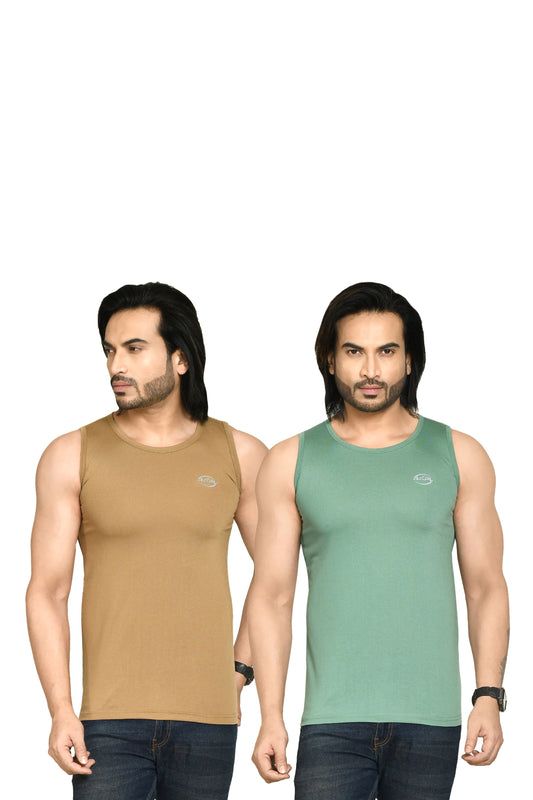 RAPL BHARAT Men's Casual Regular Fit Round Neck Solid Cotton Sleeveless Tank Tops Gym Vest I Perfect for Gymwear & Sports - Khaki & Olive Green