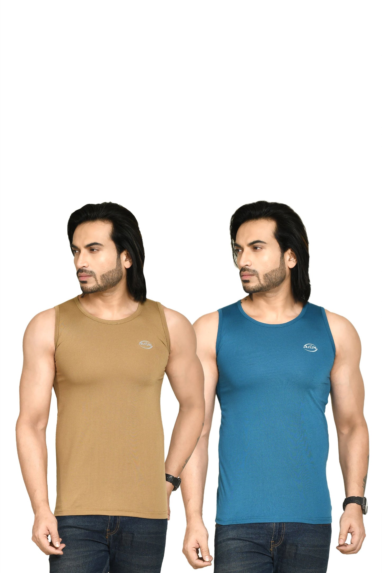 RAPL BHARAT Men's Casual Regular Fit Round Neck Solid Cotton Sleeveless Tank Tops Gym Vest I Perfect for Gymwear & Sports - Khaki & Turquoise