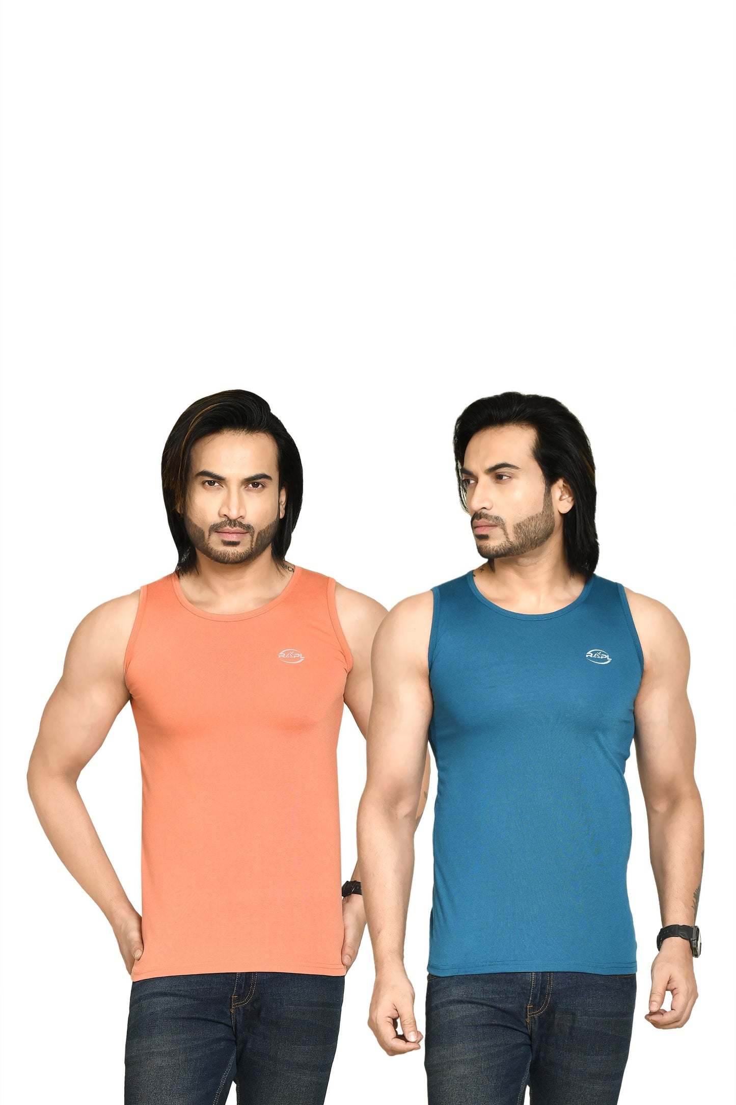 RAPL BHARAT Men's Casual Regular Fit Round Neck Solid Cotton Sleeveless Tank Tops Gym Vest I Perfect for Gymwear & Sports - Navy Blue & Turquoise