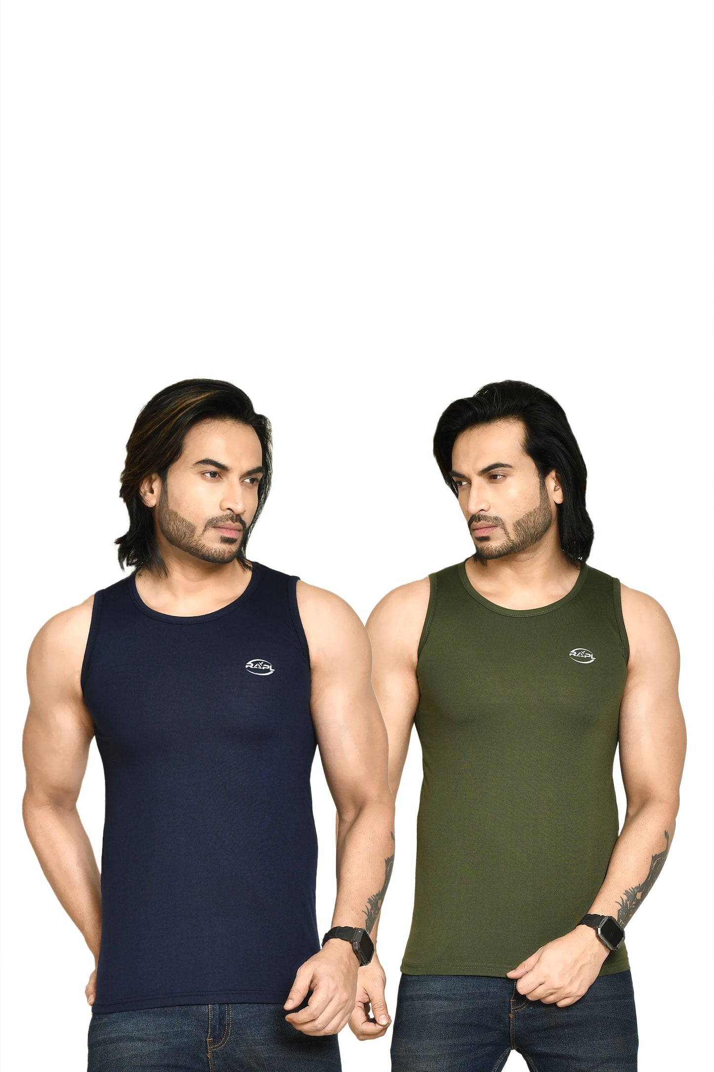 RAPL BHARAT Men's Casual Regular Fit Round Neck Solid Cotton Sleeveless Tank Tops Gym Vest I Perfect for Gymwear & Sports - Navy Blue & Dark Green