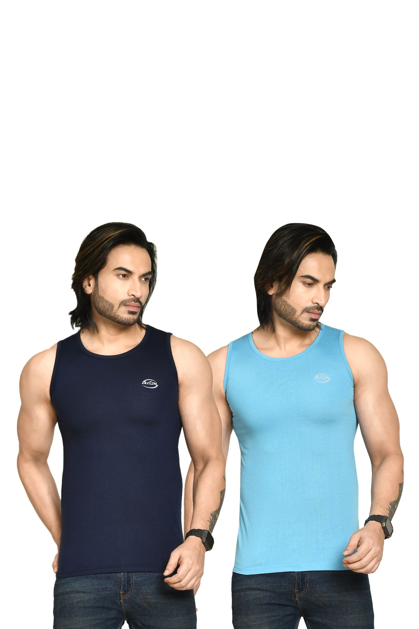 RAPL BHARAT Men's Casual Regular Fit Round Neck Solid Cotton Sleeveless Tank Tops Gym Vest I Perfect for Gymwear & Sports - Navy Blue & Sky Blue