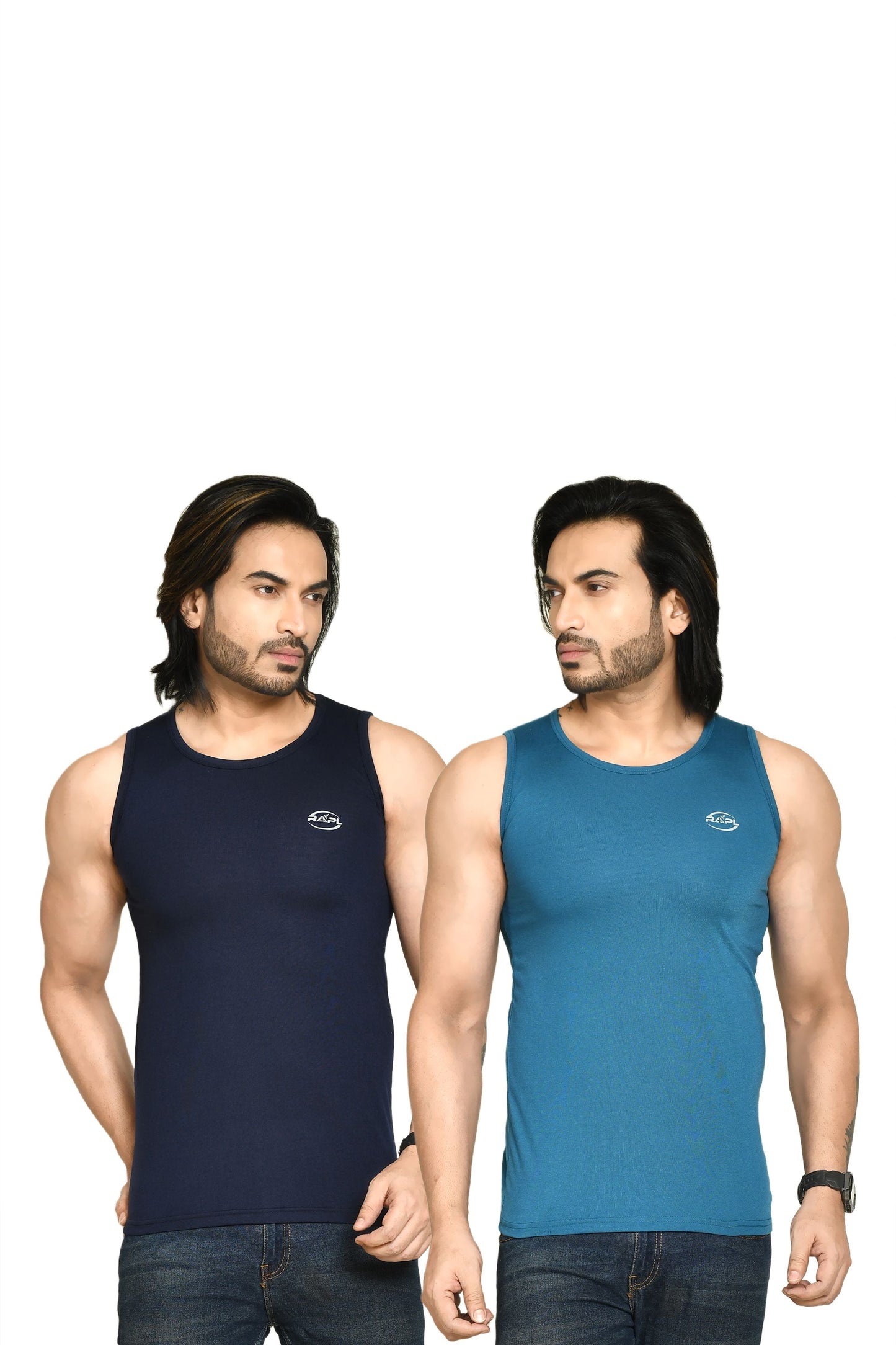 RAPL BHARAT Men's Casual Regular Fit Round Neck Solid Cotton Sleeveless Tank Tops Gym Vest I Perfect for Gymwear & Sports - Navy Blue & Turquoise