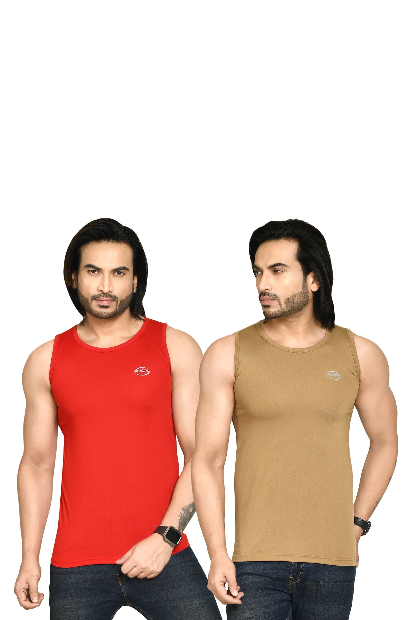 RAPL BHARAT Men's Casual Regular Fit Round Neck Solid Cotton Sleeveless Tank Tops Gym Vest I Perfect for Gymwear & Sports - Red & Khaki