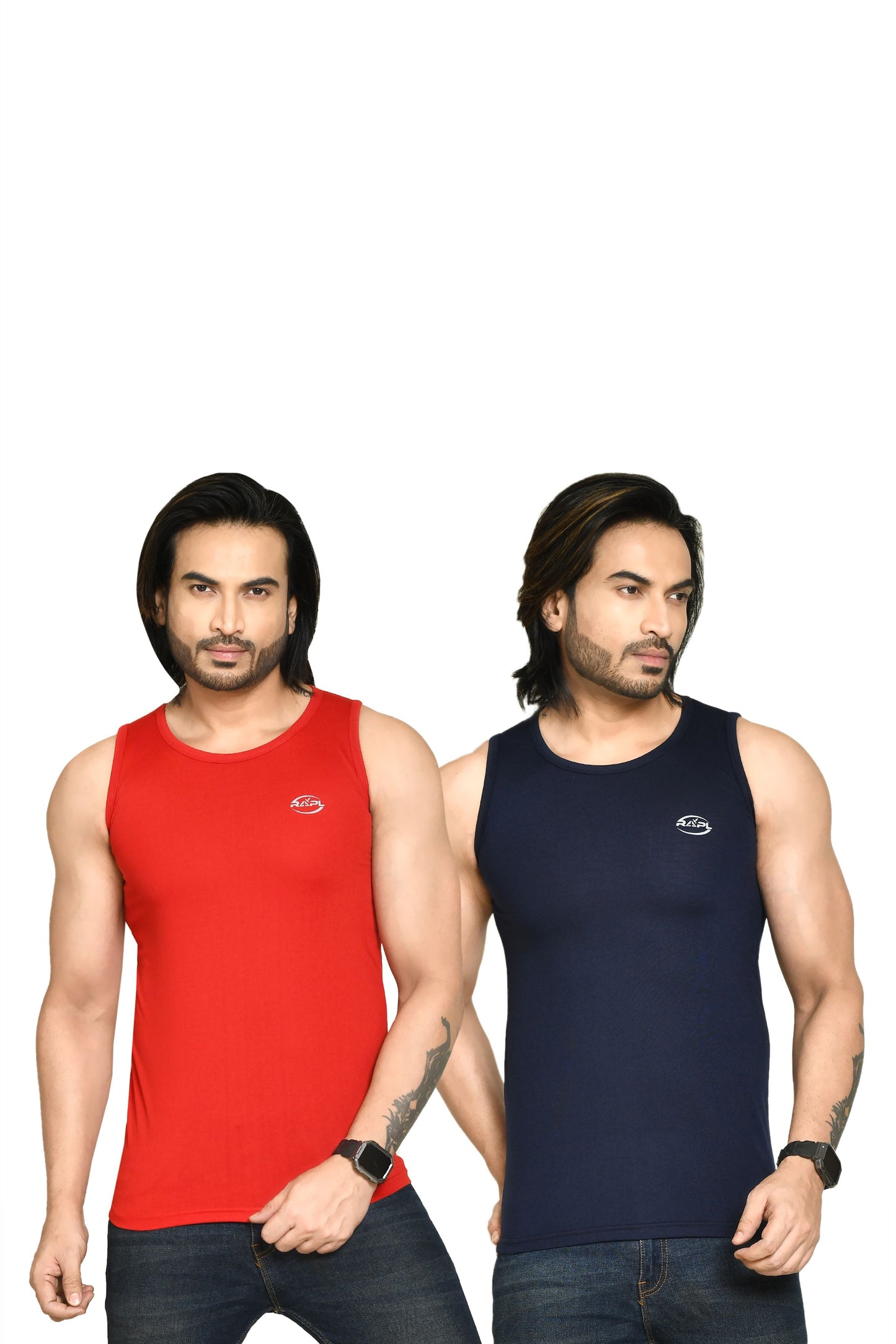 RAPL BHARAT Men's Casual Regular Fit Round Neck Solid Cotton Sleeveless Tank Tops Gym Vest I Perfect for Gymwear & Sports - Red & Navy Blue