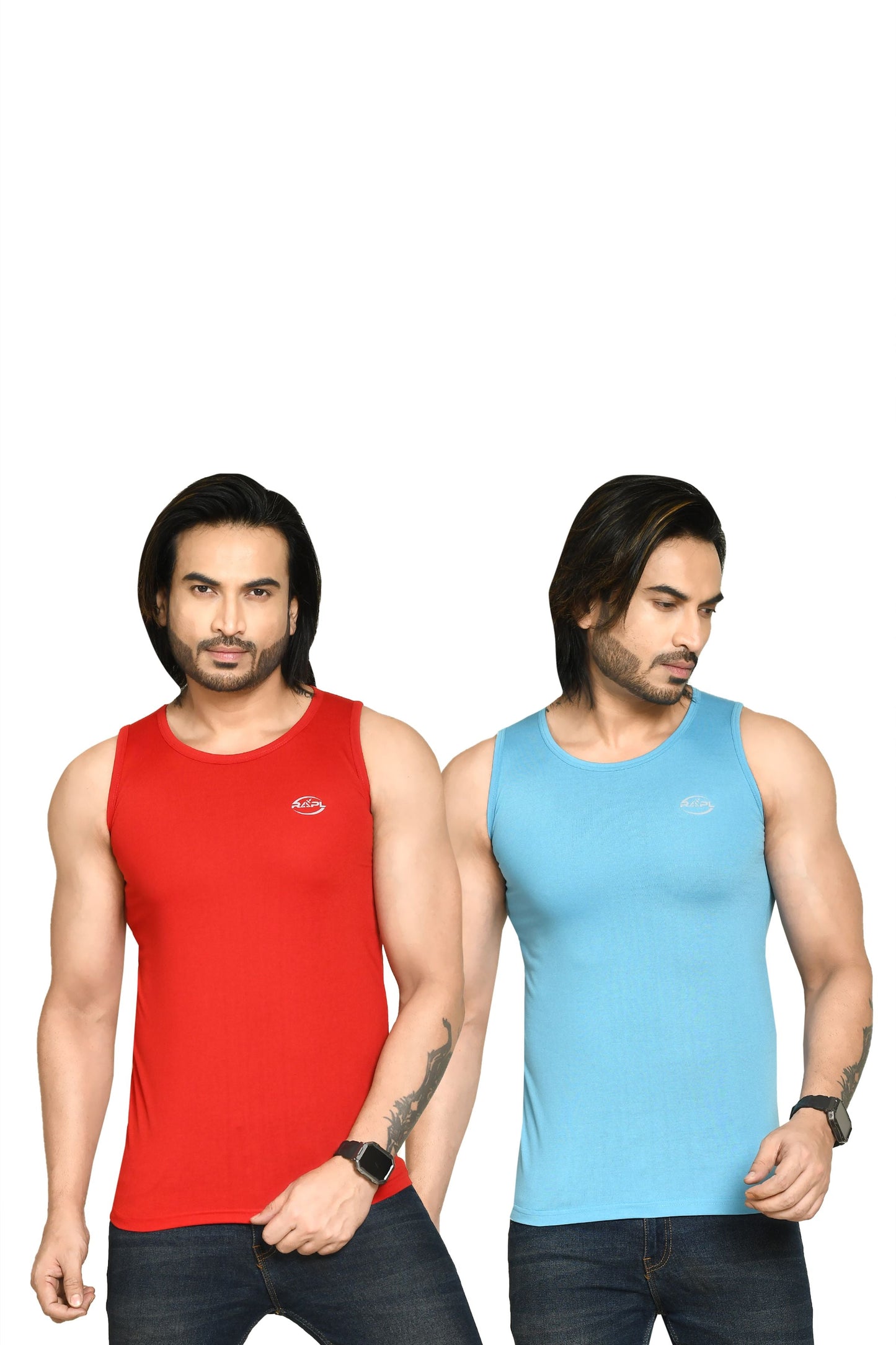 RAPL BHARAT Men's Casual Regular Fit Round Neck Solid Cotton Sleeveless Tank Tops Gym Vest I Perfect for Gymwear & Sports - Red & Sky Blue