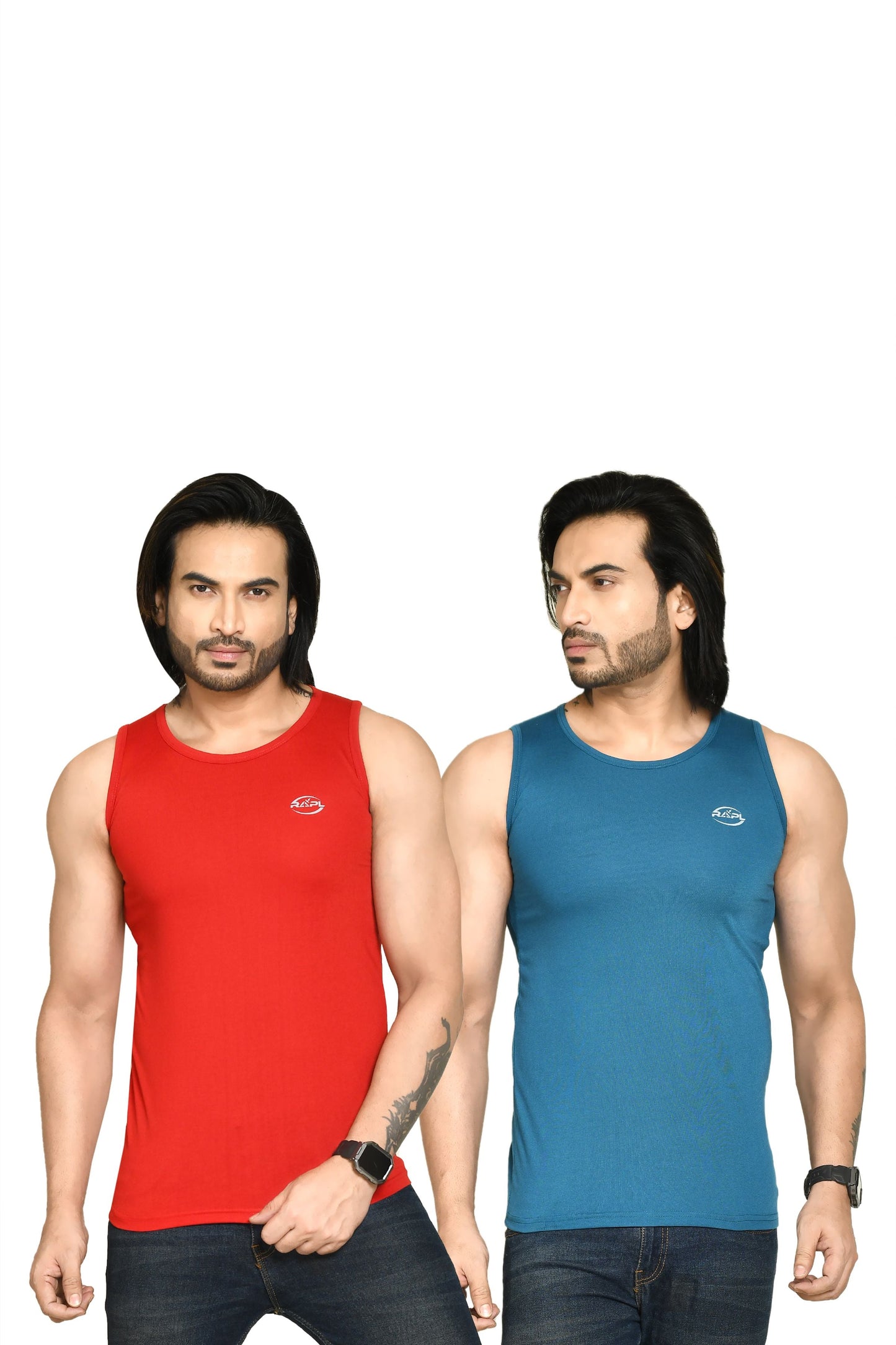 RAPL BHARAT Men's Casual Regular Fit Round Neck Solid Cotton Sleeveless Tank Tops Gym Vest I Perfect for Gymwear & Sports - Red & Turquoise