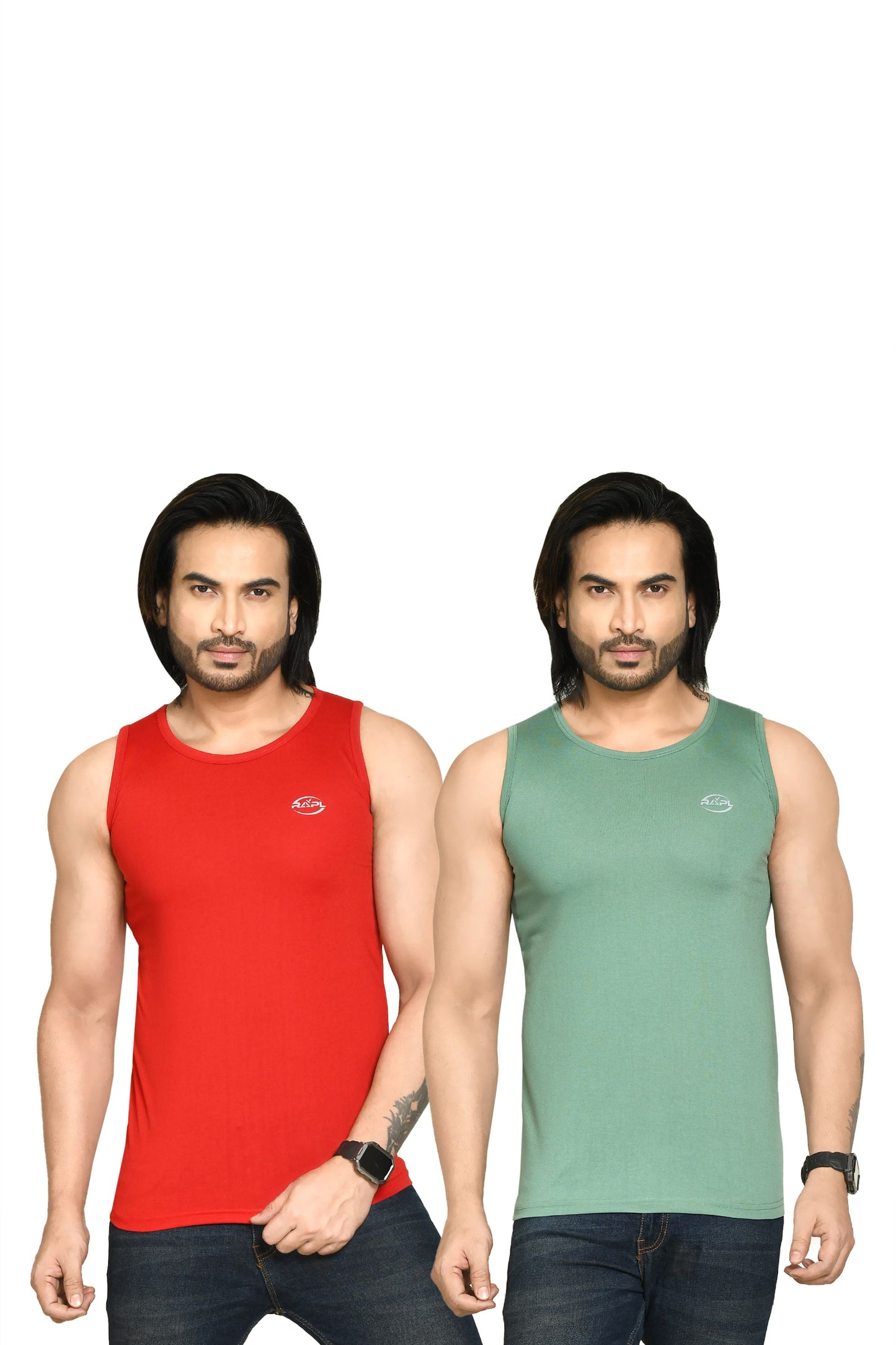 RAPL BHARAT Men's Casual Regular Fit Round Neck Solid Cotton Sleeveless Tank Tops Gym Vest I Perfect for Gymwear & Sports - Red & Olive Green