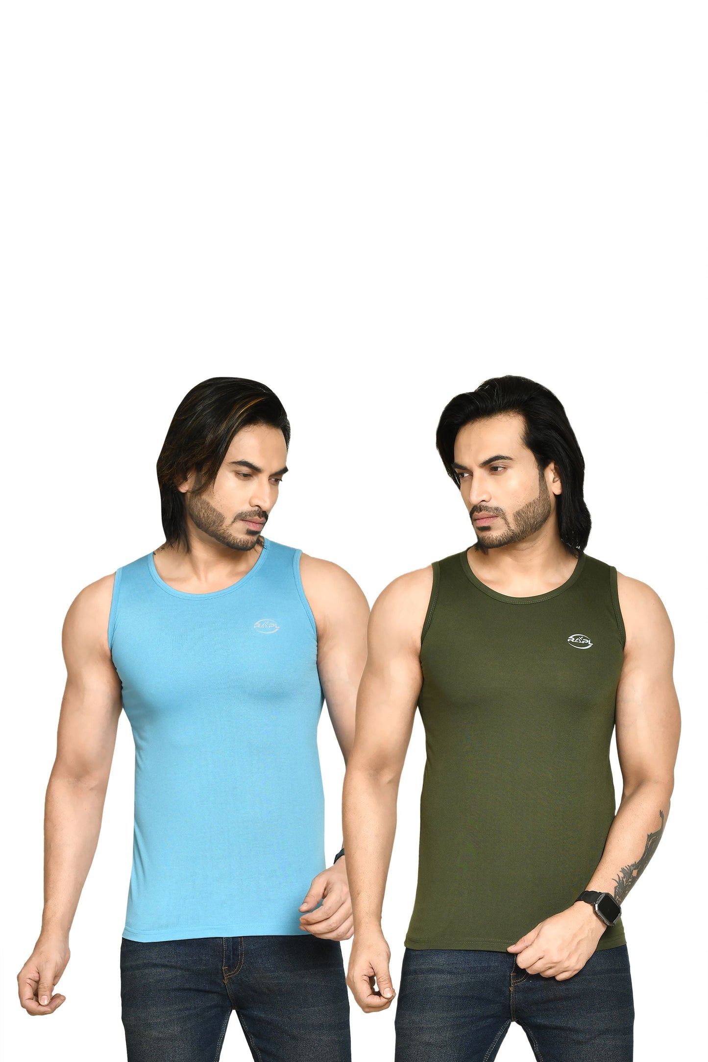 RAPL BHARAT Men's Casual Regular Fit Round Neck Solid Cotton Sleeveless Tank Tops Gym Vest I Perfect for Gymwear & Sports - Sky Blue & Dark Green