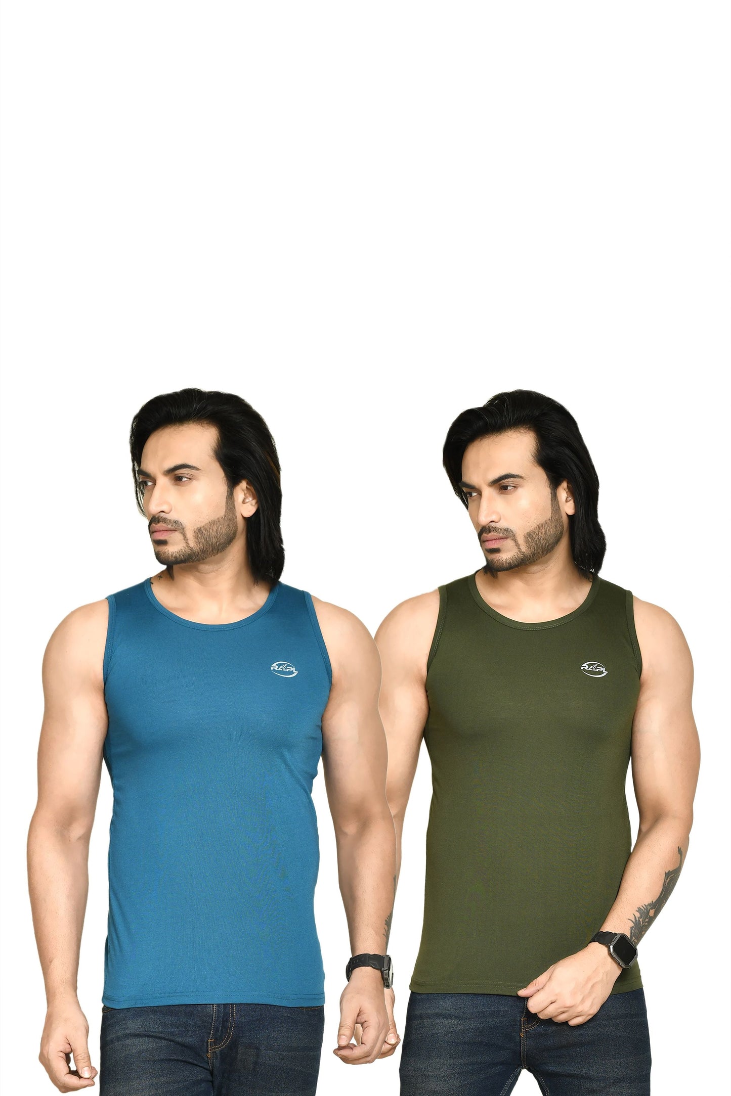 RAPL BHARAT Men's Casual Regular Fit Round Neck Solid Cotton Sleeveless Tank Tops Gym Vest I Perfect for Gymwear & Sports - Turquoise & Dark Green