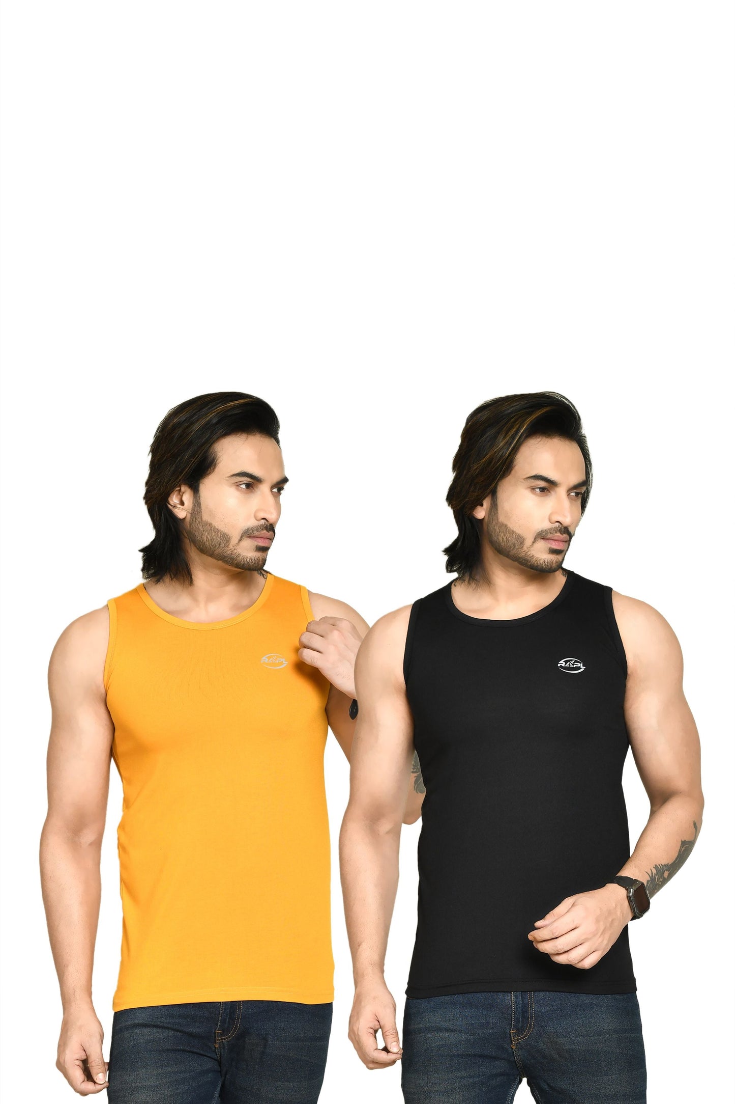 RAPL BHARAT Men's Casual Regular Fit Round Neck Solid Cotton Sleeveless Tank Tops Gym Vest I Perfect for Gymwear & Sports - Yellow & Black