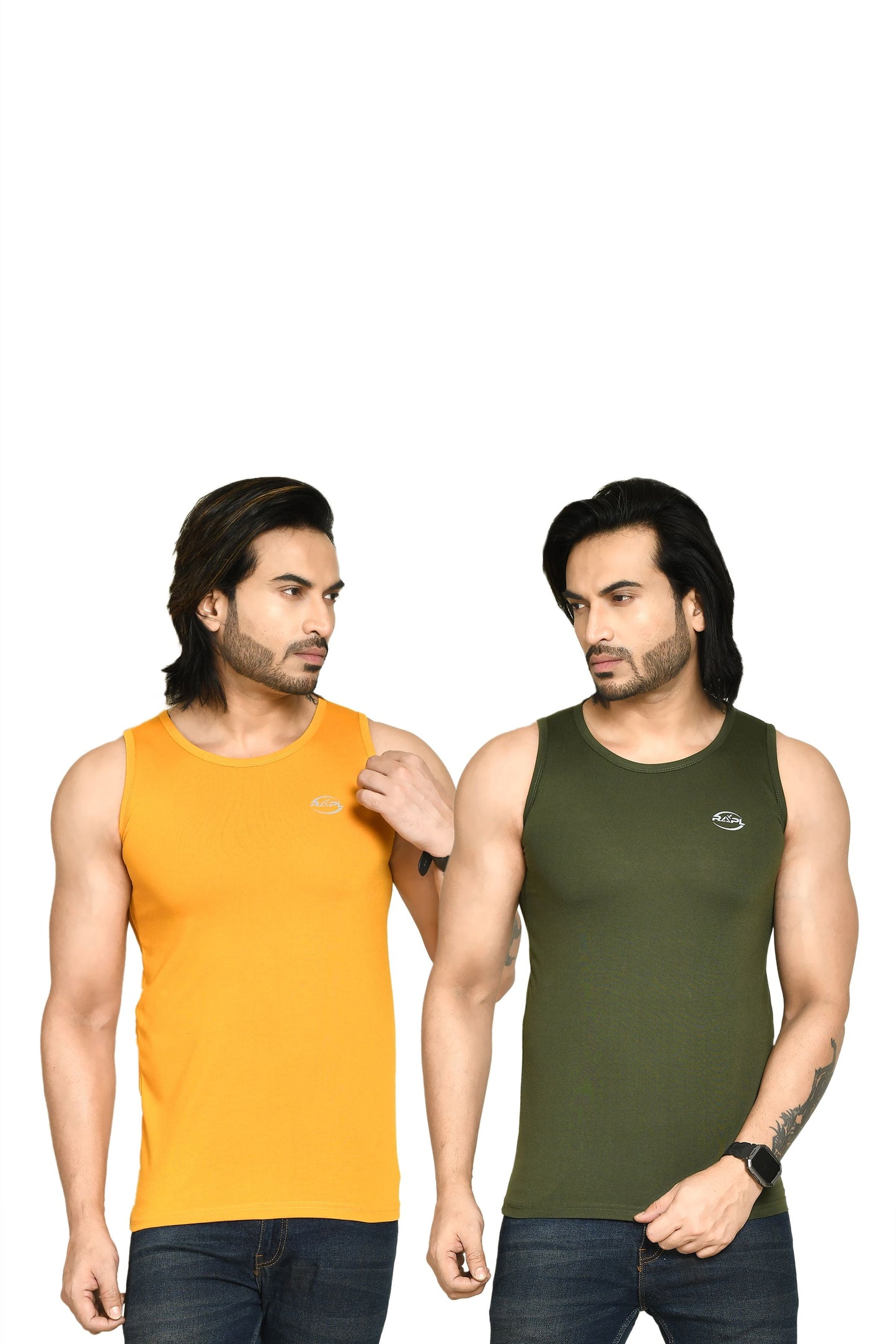 RAPL BHARAT Men's Casual Regular Fit Round Neck Solid Cotton Sleeveless Tank Tops Gym Vest I Perfect for Gymwear & Sports - Yellow & Dark Green