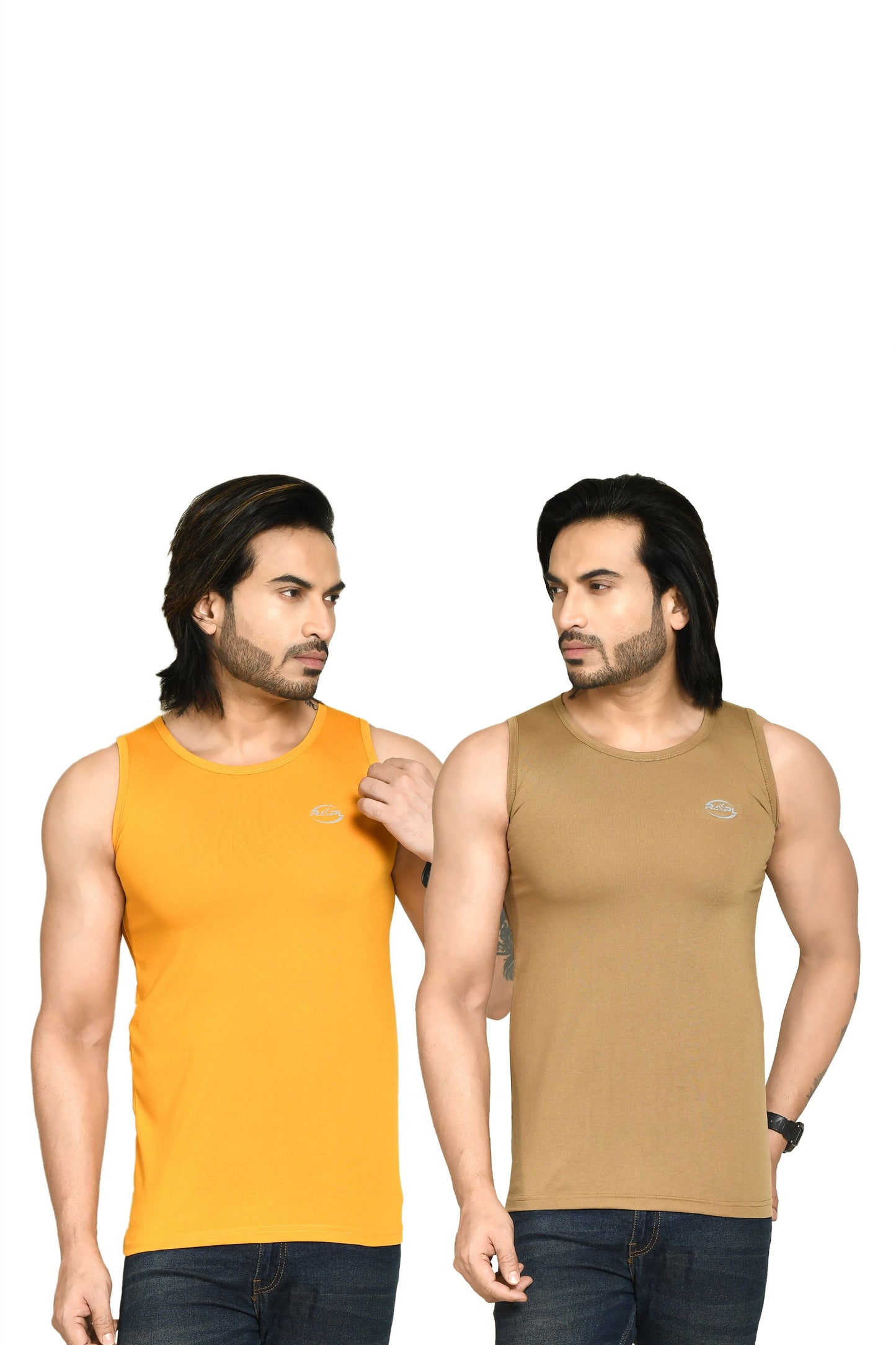 RAPL BHARAT Men's Casual Regular Fit Round Neck Solid Cotton Sleeveless Tank Tops Gym Vest I Perfect for Gymwear & Sports - Yellow & Khaki